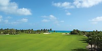 Secrets Playa Mujeres: scenic golf course with palm trees and ocean views, ideal for destination weddings.