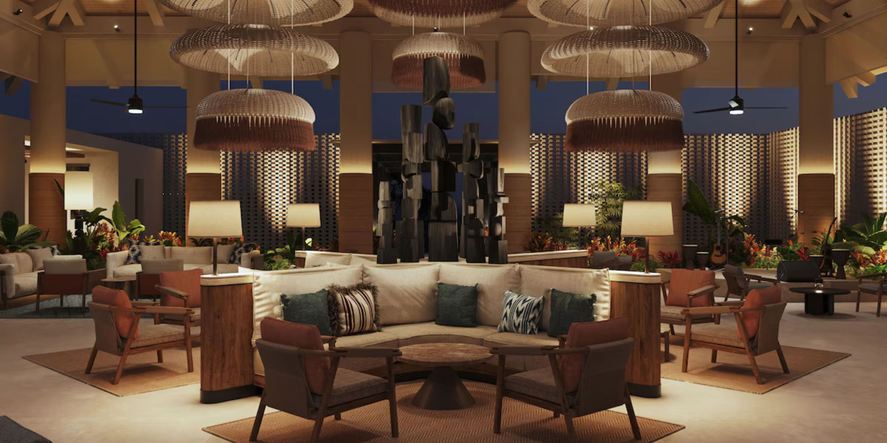 Secrets Playa Mujeres lobby, ideal for a destination wedding, with modern decor and elegant pendant lights.
