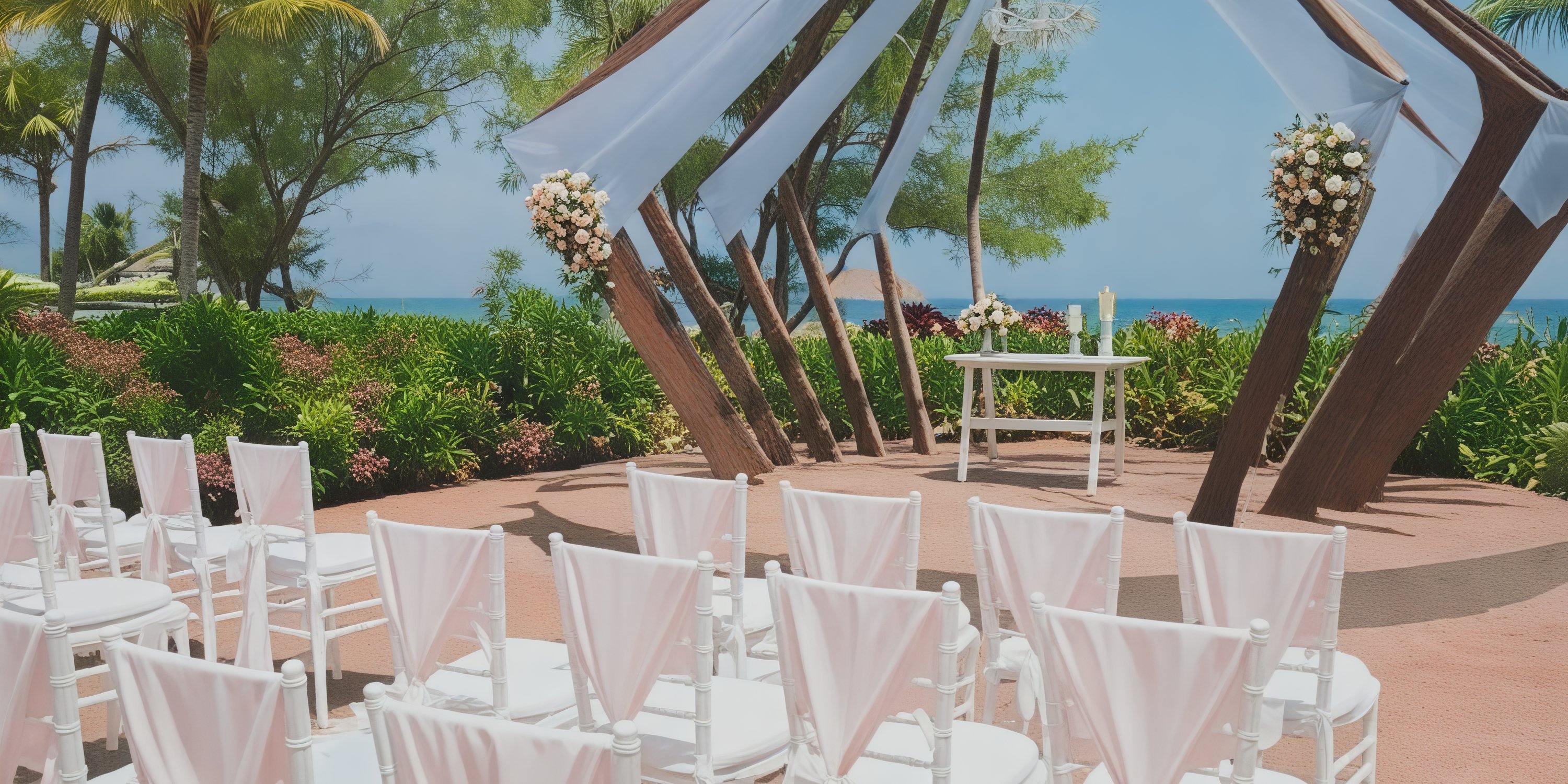 Experience the ultimate beachfront destination wedding at The Fives Beach Hotel, complete with beautifully arranged chairs, a stunning arch adorned with flowers, and an elegant table setup.