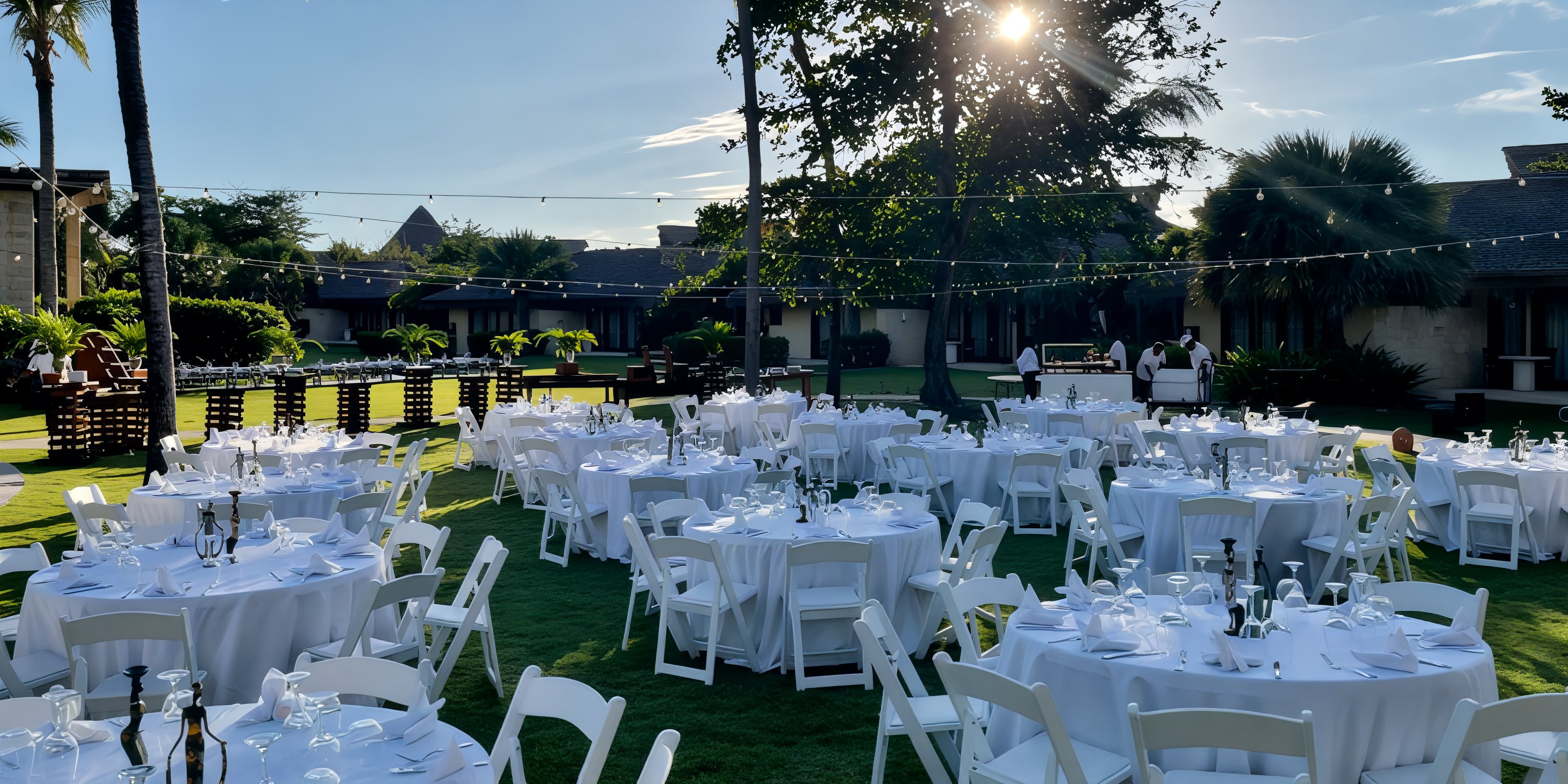 White tables and chairs arranged on a grassy lawn at Zoetry Agua Punta Cana for a destination wedding.