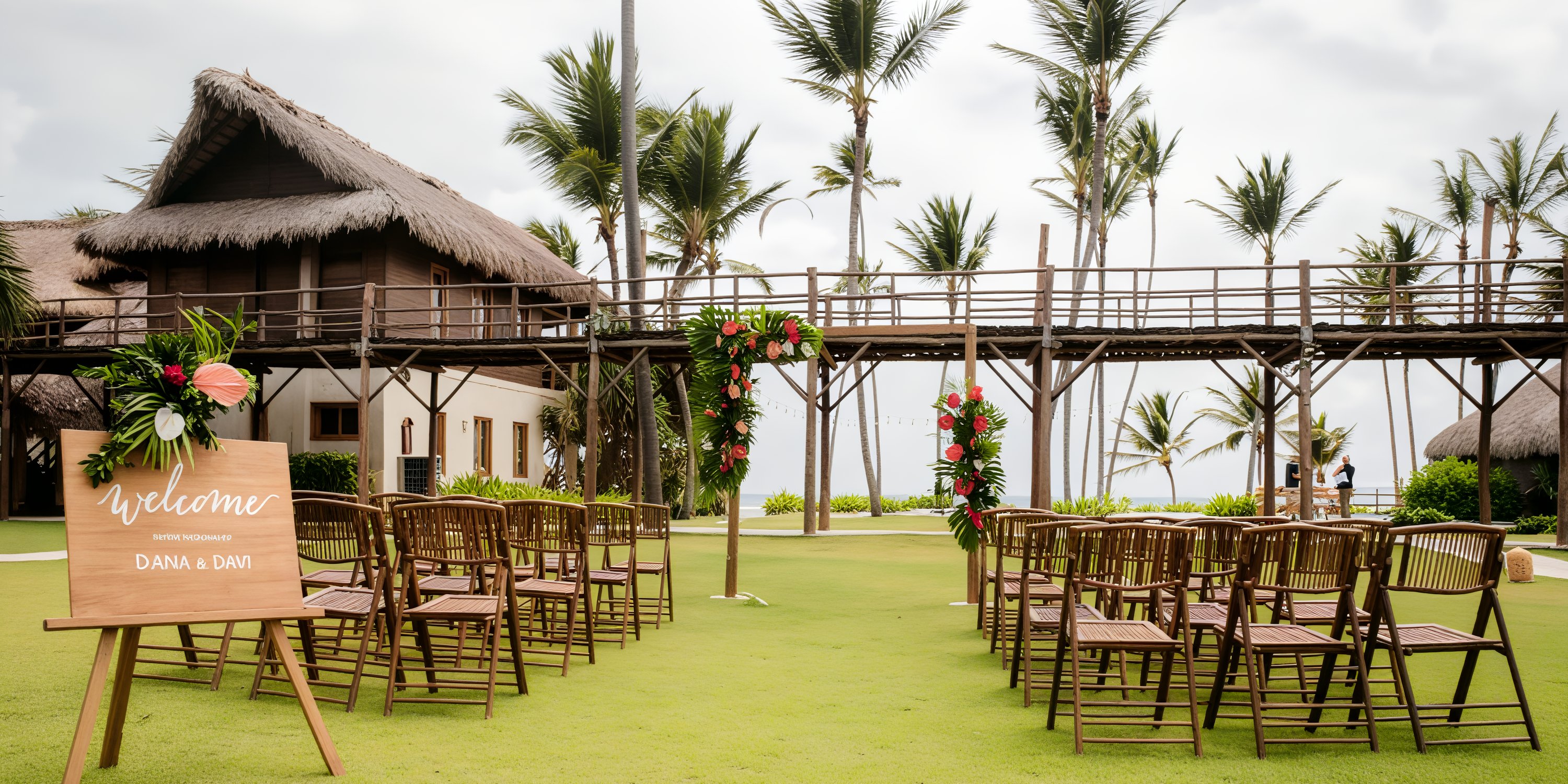 Destination wedding setup at Zoetry Agua Punta Cana with chairs, florals, and a welcoming sign.