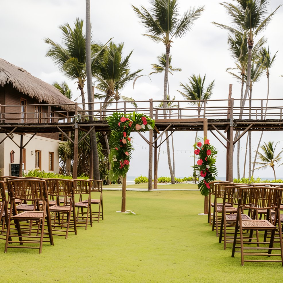 Destination wedding ceremony with wooden chairs and a floral arch on a green lawn, framed by palm trees.
