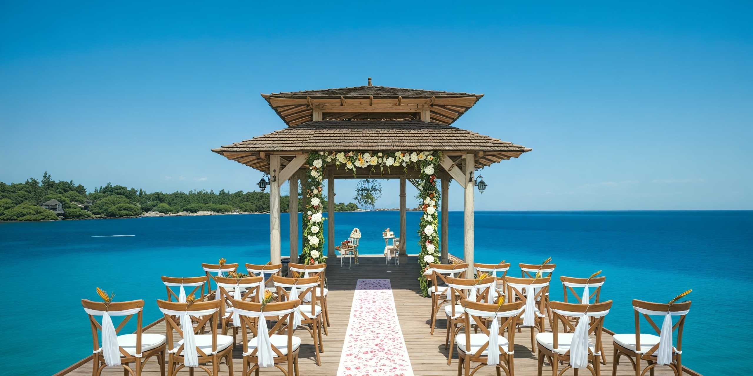 Experience a destination wedding at Zoetry Montego Bay, where an exquisite outdoor pier adorned with a floral arch awaits you over crystal-clear blue waters.