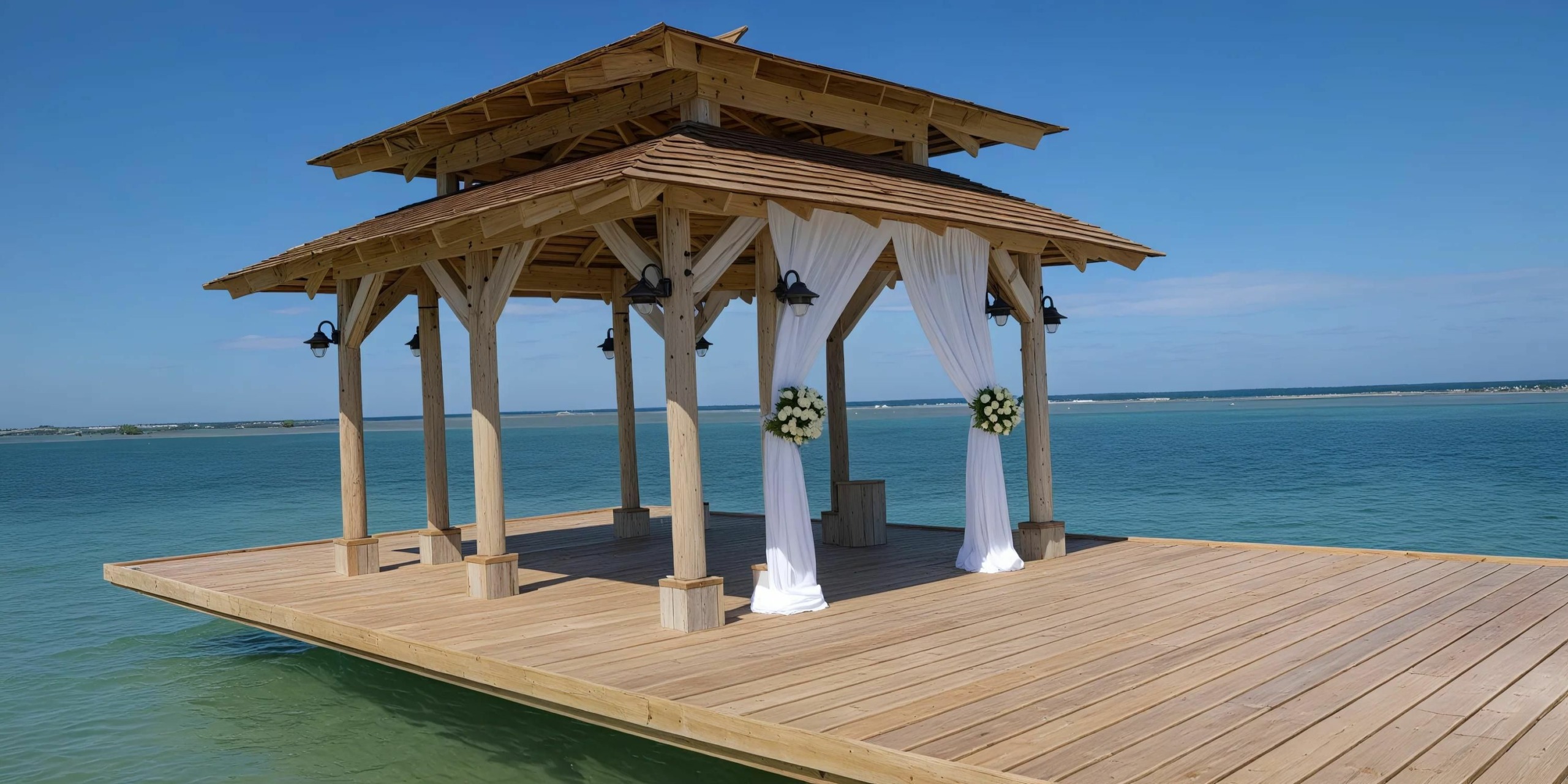 A wooden gazebo with draped white fabric and floral arrangements stands on a dock over clear blue water on a sunny day.