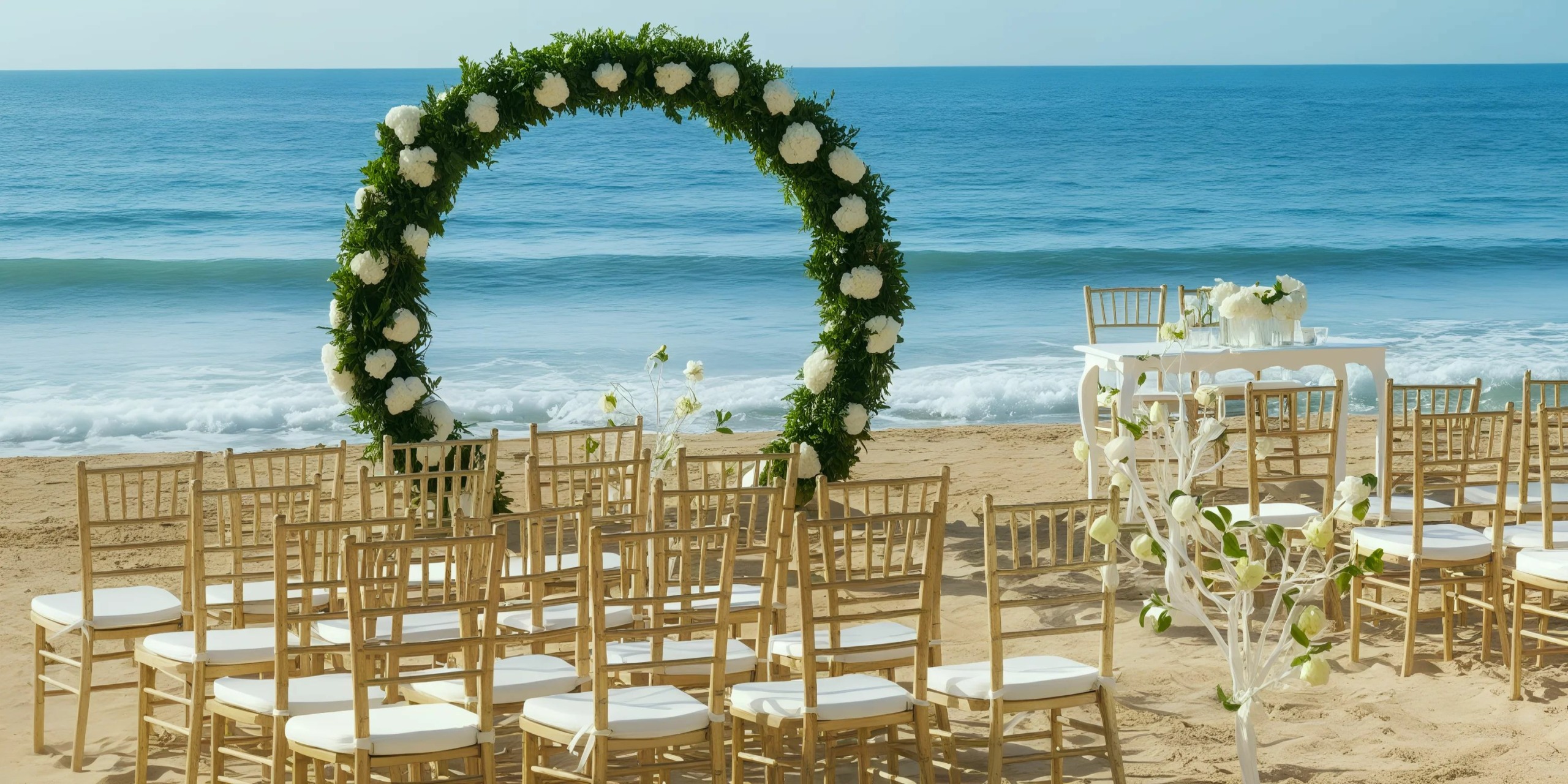 Beach wedding setup with a circular floral arch, wooden chairs, and a small table, positioned on sand near ocean waves.