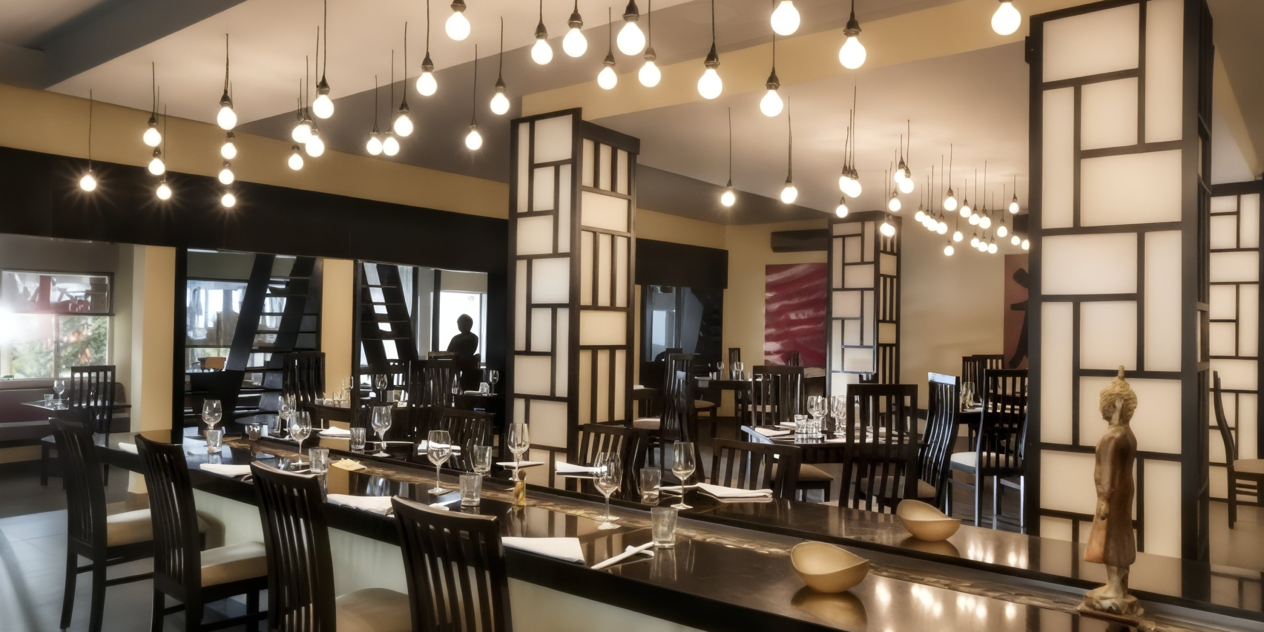 An El Dorado Maroma atmosphere featuring modern restaurant interiors with wooden tables and chairs, decorative light fixtures, and a warm ambiance.