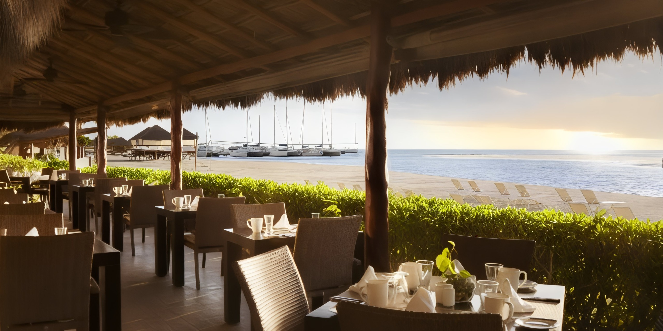 The El Dorado Maroma features an outdoor restaurant adorned with wicker chairs and tables, perfectly set for breakfast while overlooking a beach scene complete with lounge chairs and anchored sailboats beneath a cloudy sky.