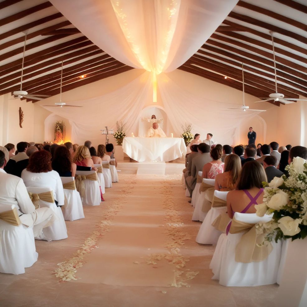 A wedding ceremony in a chapel with guests seated on either side of an aisle decorated with petals. The altar is adorned with white drapes and flowers.
