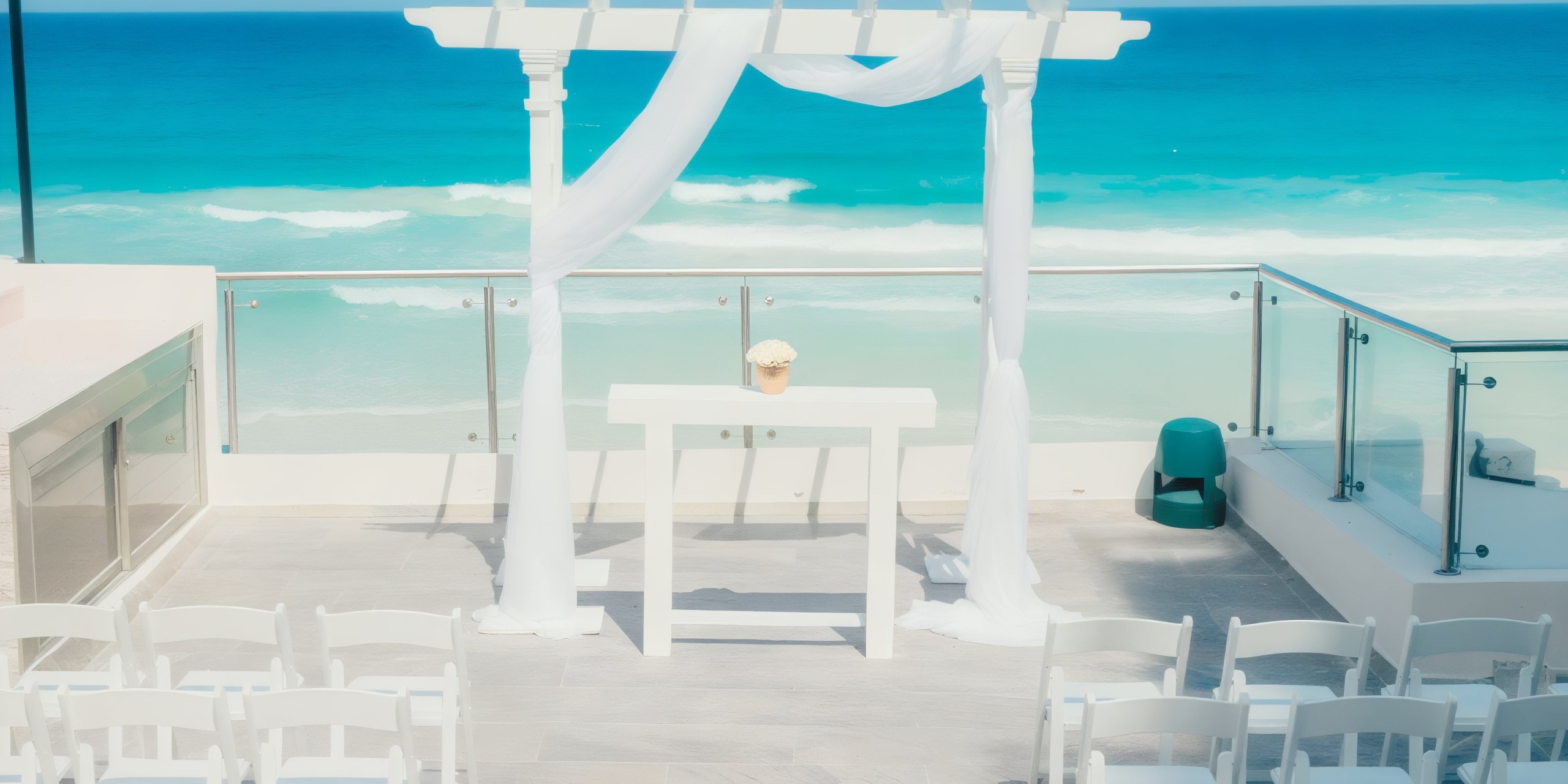 The Hard Rock Cancun features an outdoor wedding altar on a deck overlooking the ocean, complete with white chairs and fabric elegantly draped over a pergola.