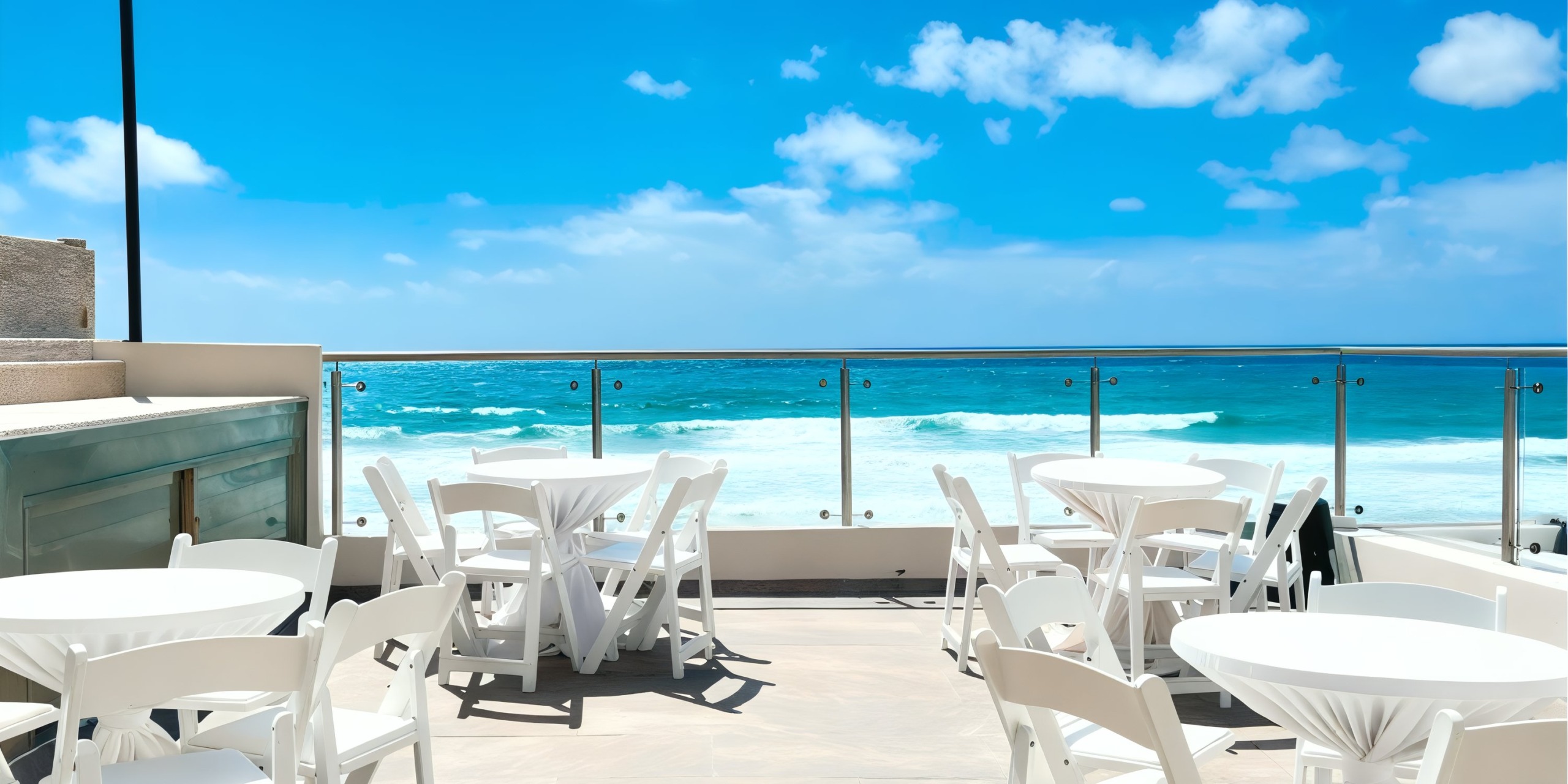 Experience the stunning outdoor terrace at Hard Rock Cancun, where white tables and chairs offer a perfect view of the turquoise ocean under a blue sky with scattered clouds.