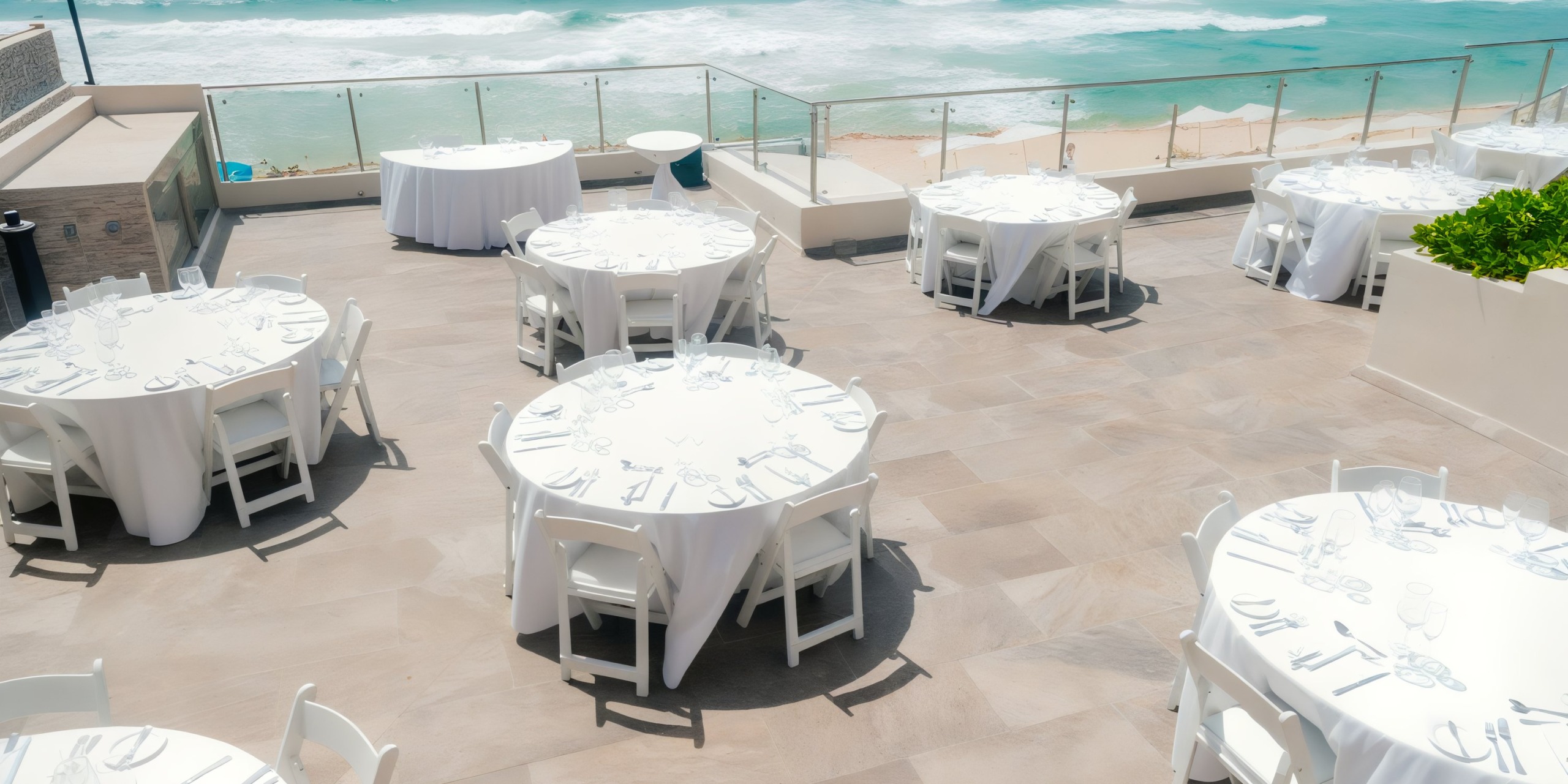 At the Hard Rock Cancun, enjoy an outdoor patio adorned with several round tables elegantly covered in white tablecloths and fine settings, all while overlooking the breathtaking ocean.
