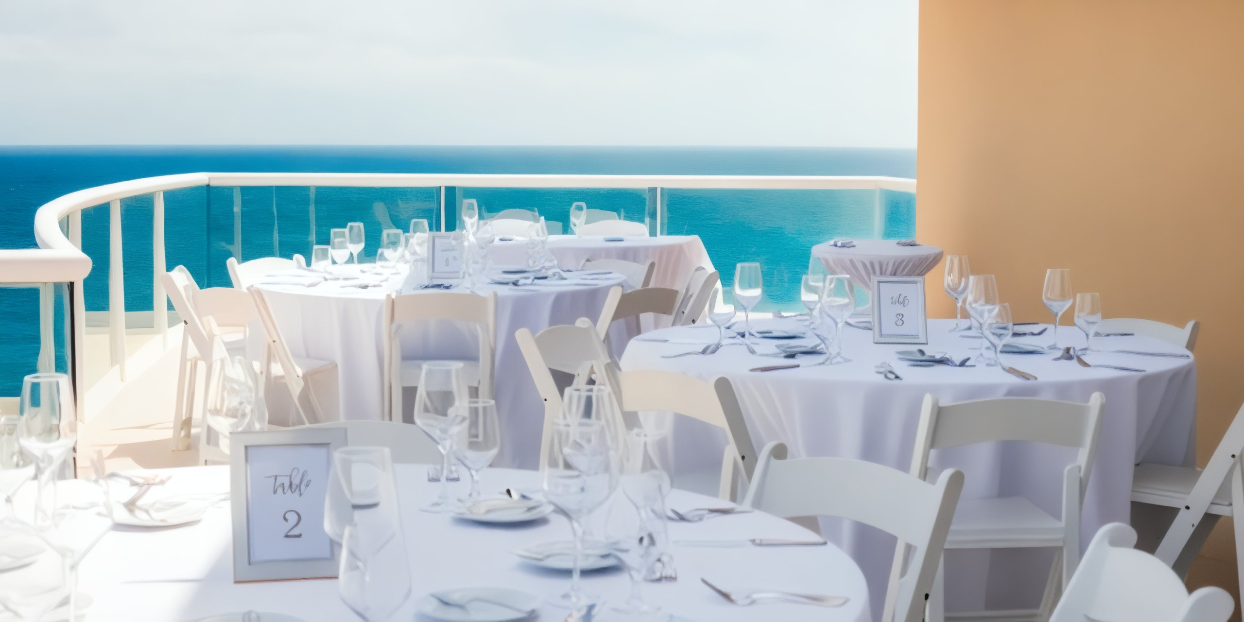 Enjoy outdoor dining at Hard Rock Cancun with round tables adorned in white tablecloths, elegantly set with glassware and cutlery, overlooking the stunning ocean view. Clearly visible table numbers enhance the dining experience.