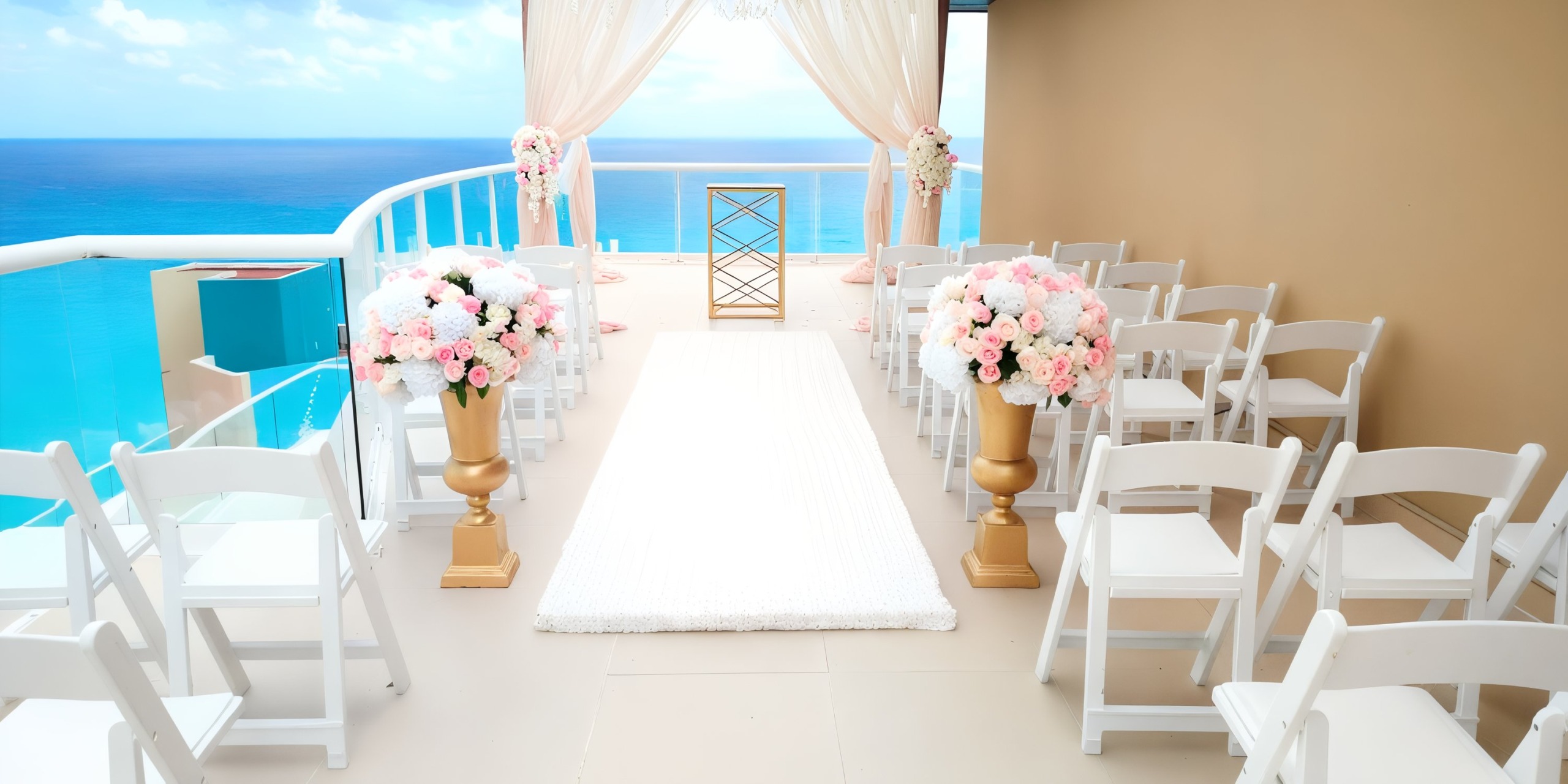 Experience an elegant outdoor wedding setup at Hard Rock Cancun, featuring white chairs, stunning floral arrangements, and a breathtaking ocean view.