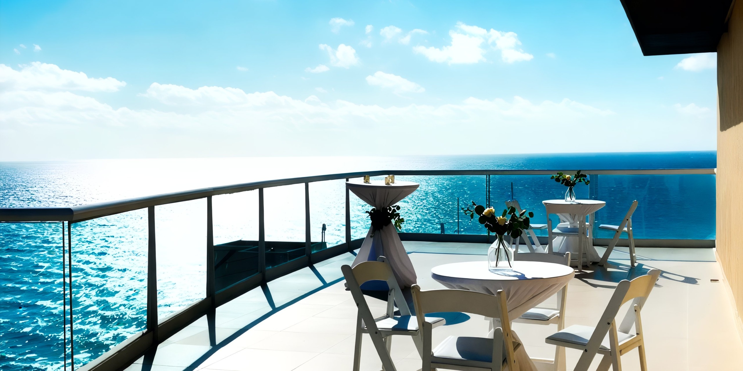 Outdoor balcony at the Hard Rock Cancun overlooking the ocean, featuring three tables with white chairs and floral centerpieces on a sunny day.