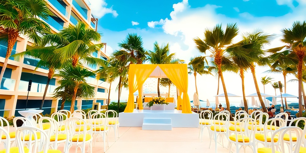 The outdoor wedding setup at Hard Rock Cancun features white chairs and a yellow-draped altar, surrounded by palm trees with a modern building backdrop.