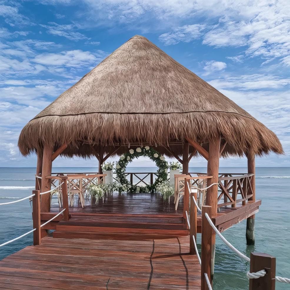A wooden gazebo with a thatched roof stands over the water, decorated with a floral arch and white chairs, under a partly cloudy sky.