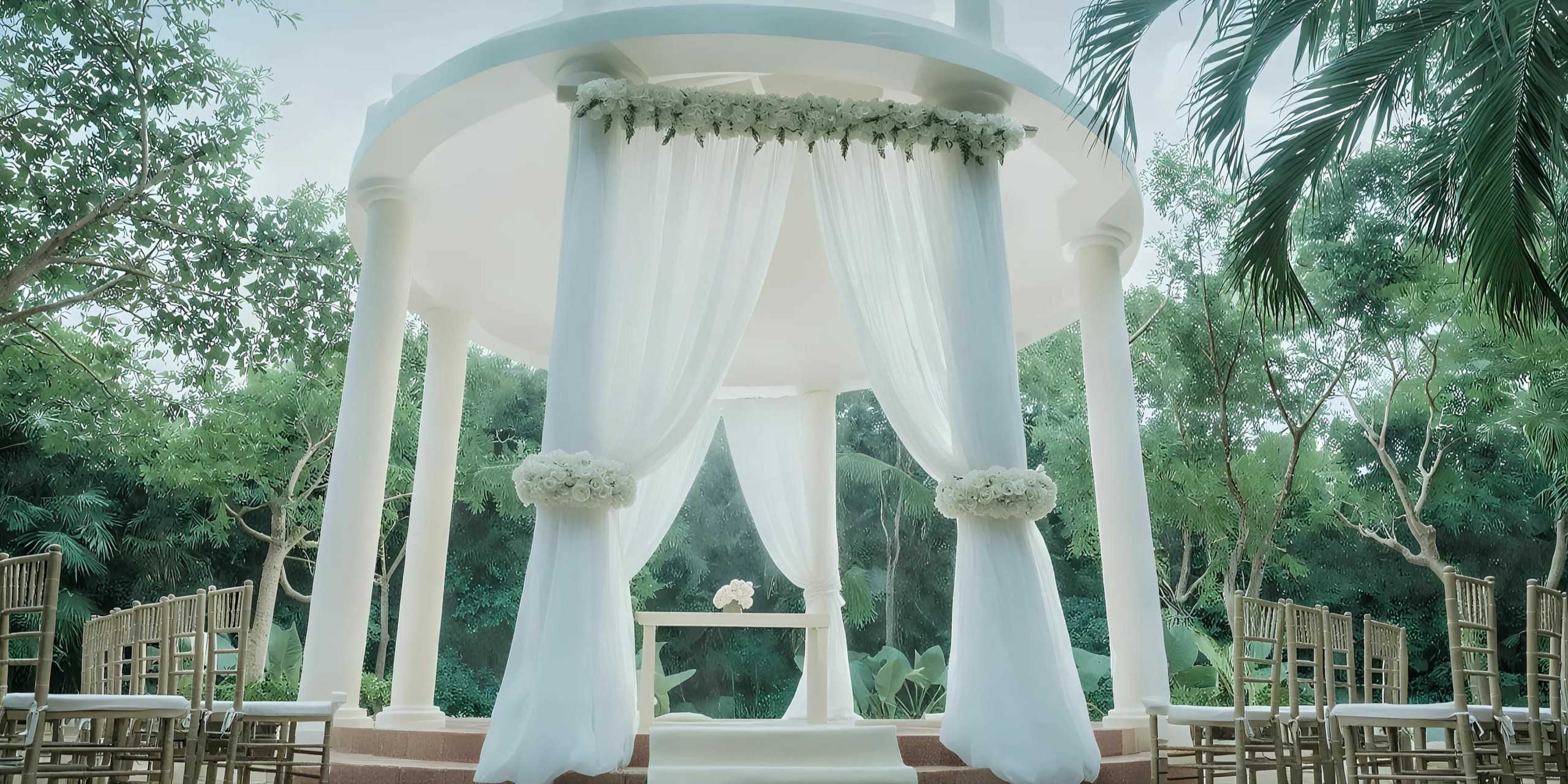 The Iberostar Waves Paraiso Beach features a pristine white gazebo adorned with elegant white drapery and beautiful floral arrangements, set in a picturesque garden setting. Rows of chairs are meticulously arranged on either side, creating an idyllic atmosphere perfect for weddings or formal events.
