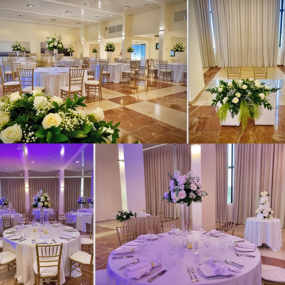 The elegant banquet hall, beautifully adorned with white flowers and round tables, is exquisitely prepared for a memorable destination wedding celebration.