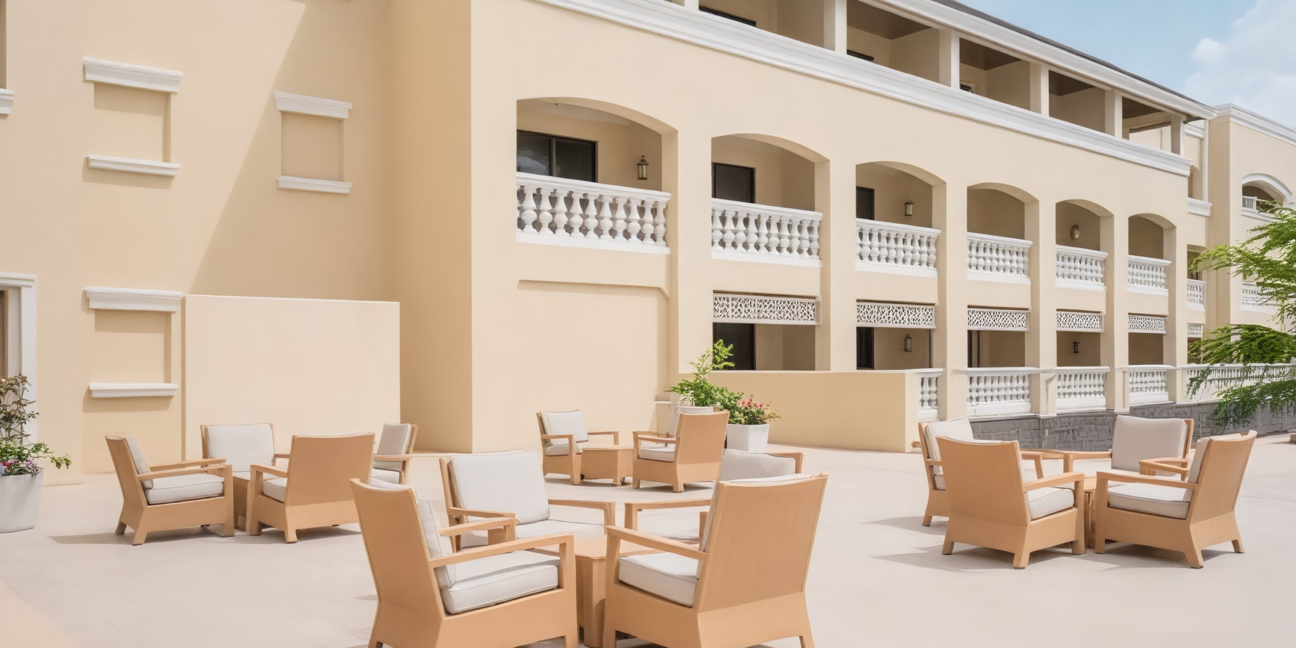 The seating area outside the Iberostar Waves Rose Hall Beach offers a charming setting for a destination wedding, with its elegant beige building featuring graceful arches and balconies.
