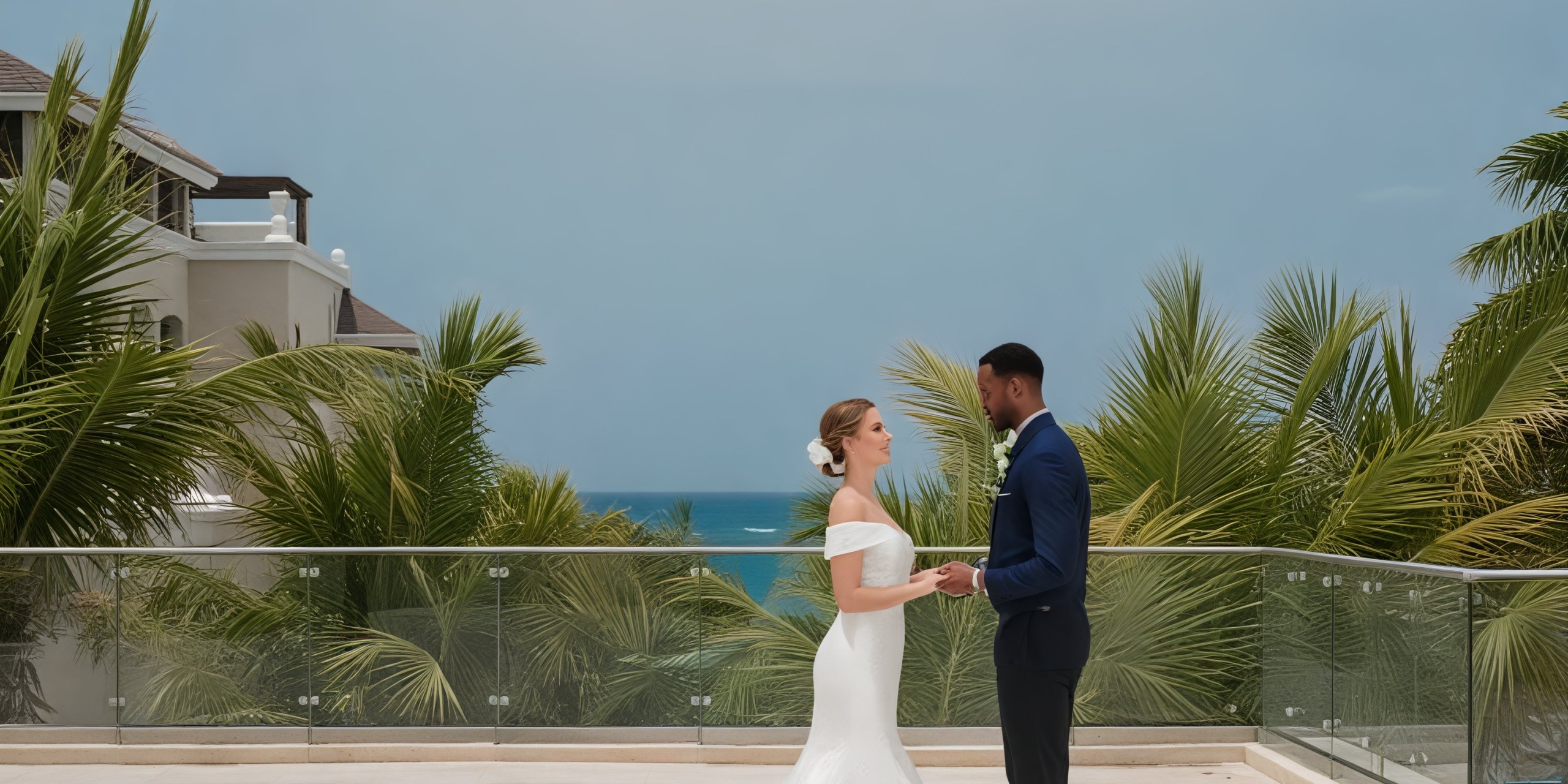 A couple holding hands on the terrace of Iberostar Waves Rose Hall Beach, with a stunning ocean view, creates a perfect setting for a destination wedding.