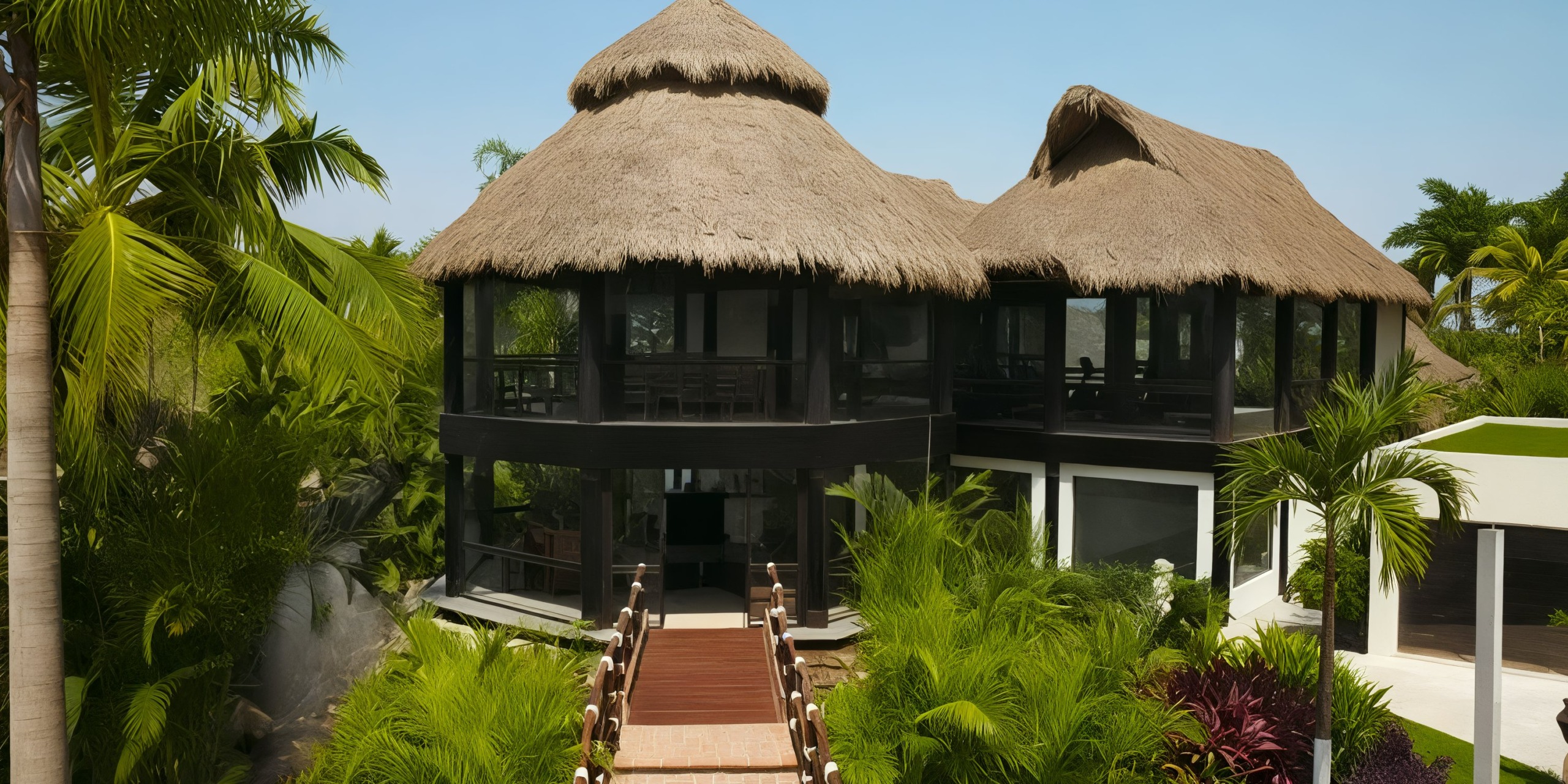 The Krystal Grand Nuevo Vallarta, surrounded by lush greenery, showcases a tropical design with a thatched roof and features a wooden walkway leading to its entrance.