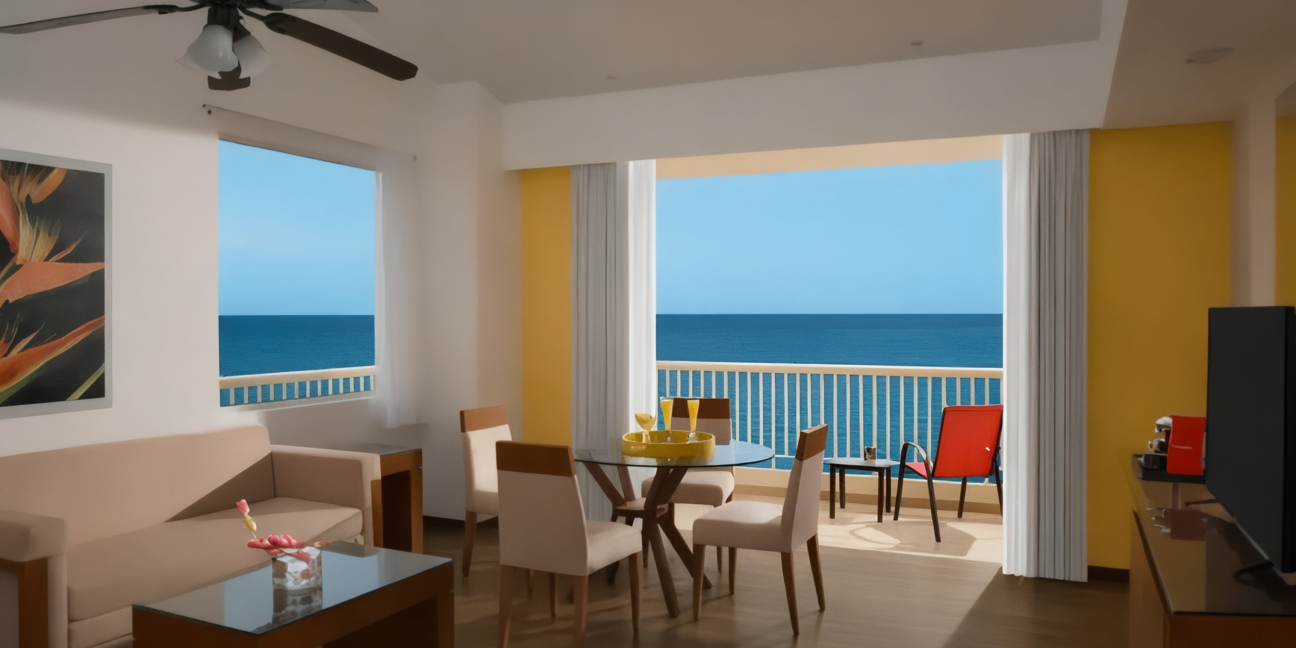 Experience the Krystal Grand Nuevo Vallarta, where a living room with beige furniture and a round dining table opens to breathtaking ocean views through sliding doors leading to a balcony with comfortable chairs.