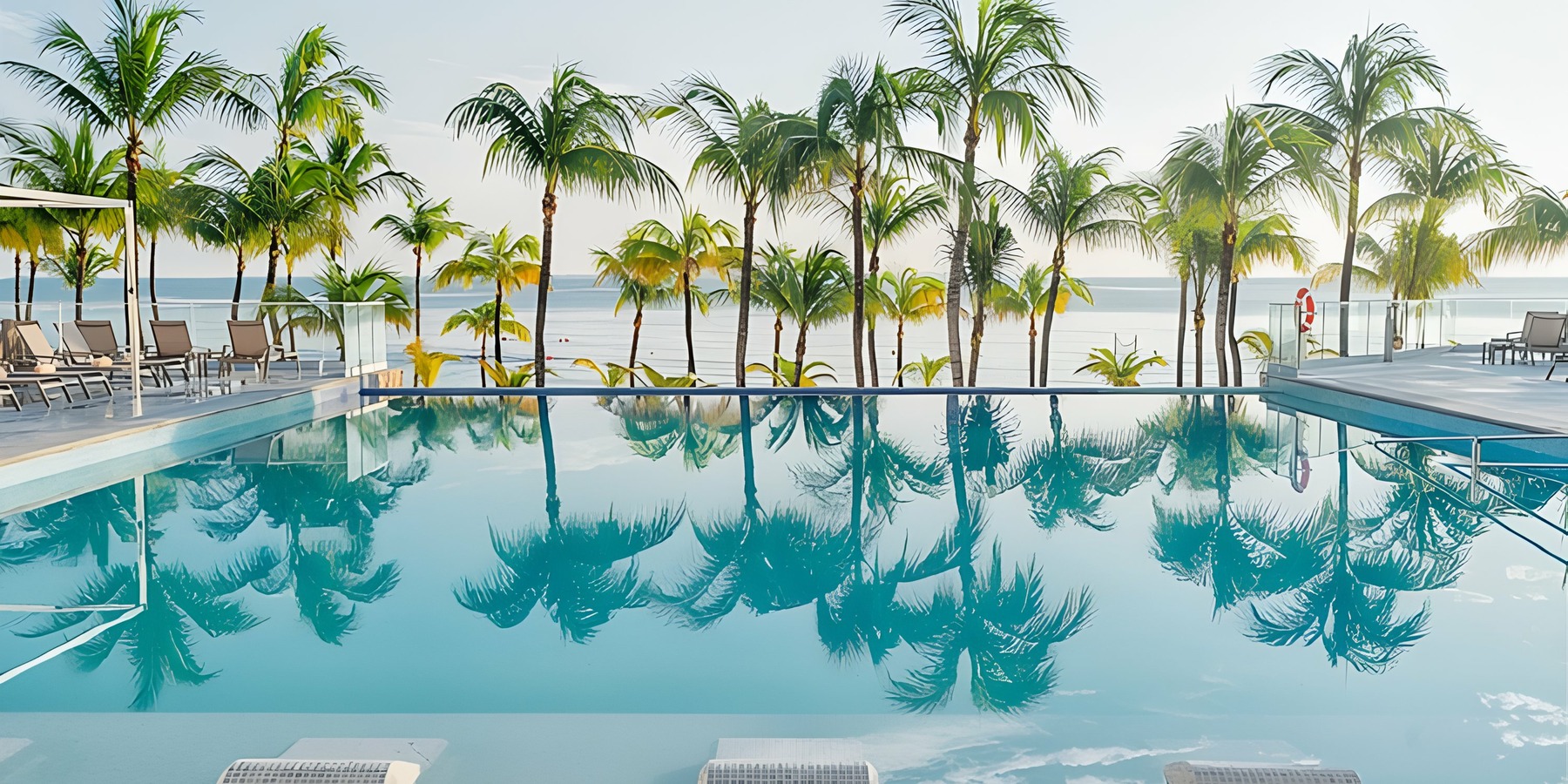 Hotel Riu Caribe with palm tree reflections overlooking the ocean at a resort.