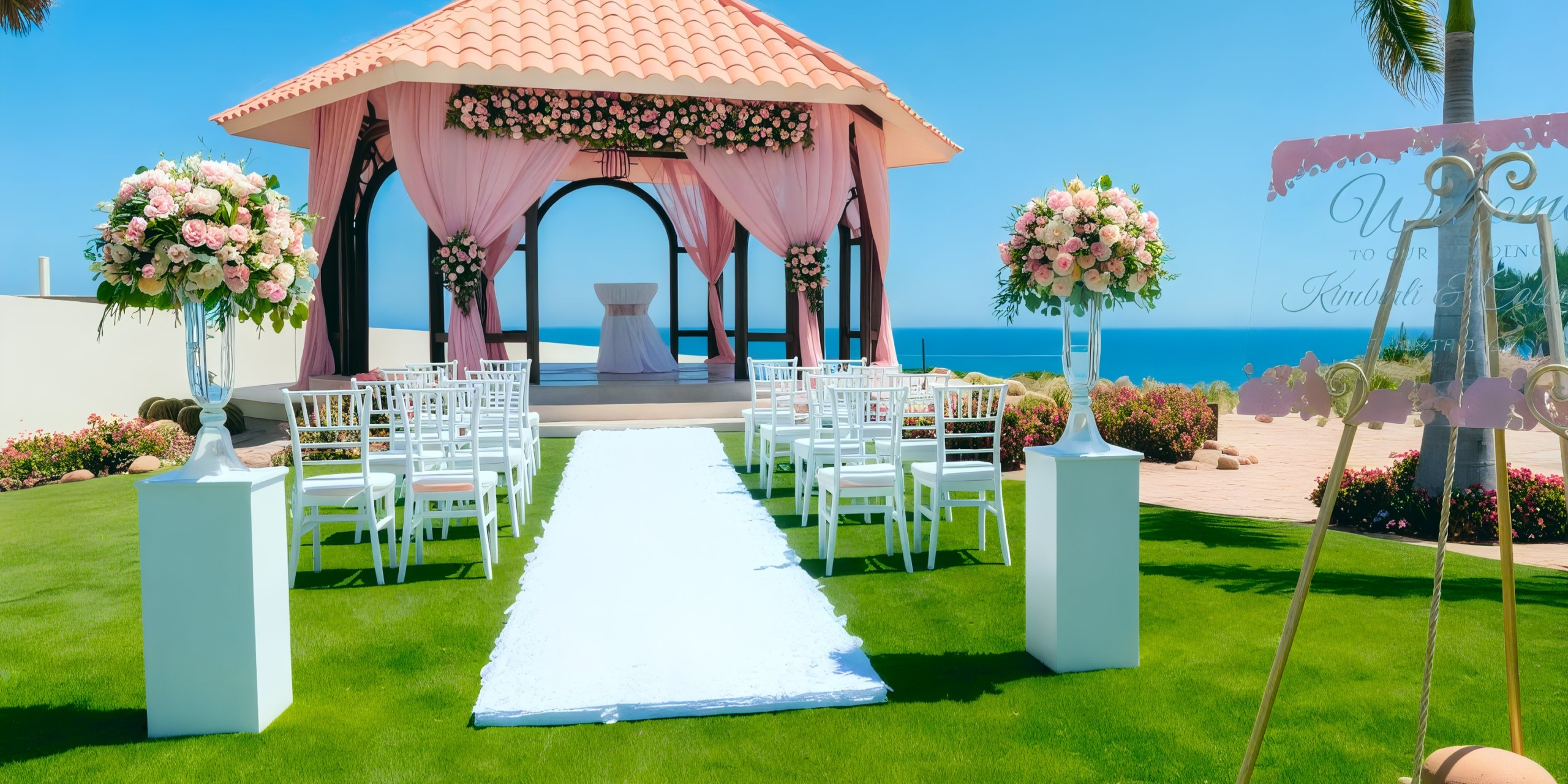 The outdoor wedding setup at Secrets Puerto Los Cabos features white chairs arranged to face a gazebo elegantly decorated with pink flowers. A white aisle runner leads to an altar overlooking the ocean.