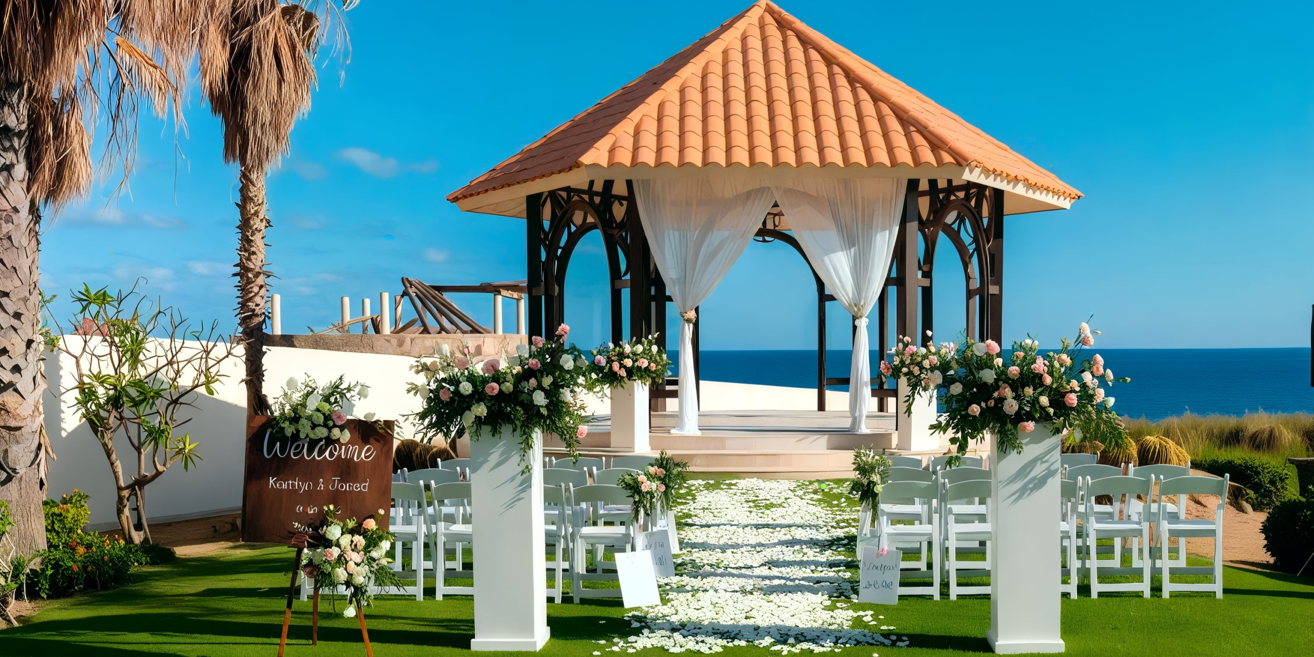Experience an outdoor wedding at Secrets Puerto Los Cabos, featuring a picturesque gazebo by the ocean, elegant white chairs, beautiful floral arrangements, and a charming "Welcome" sign.