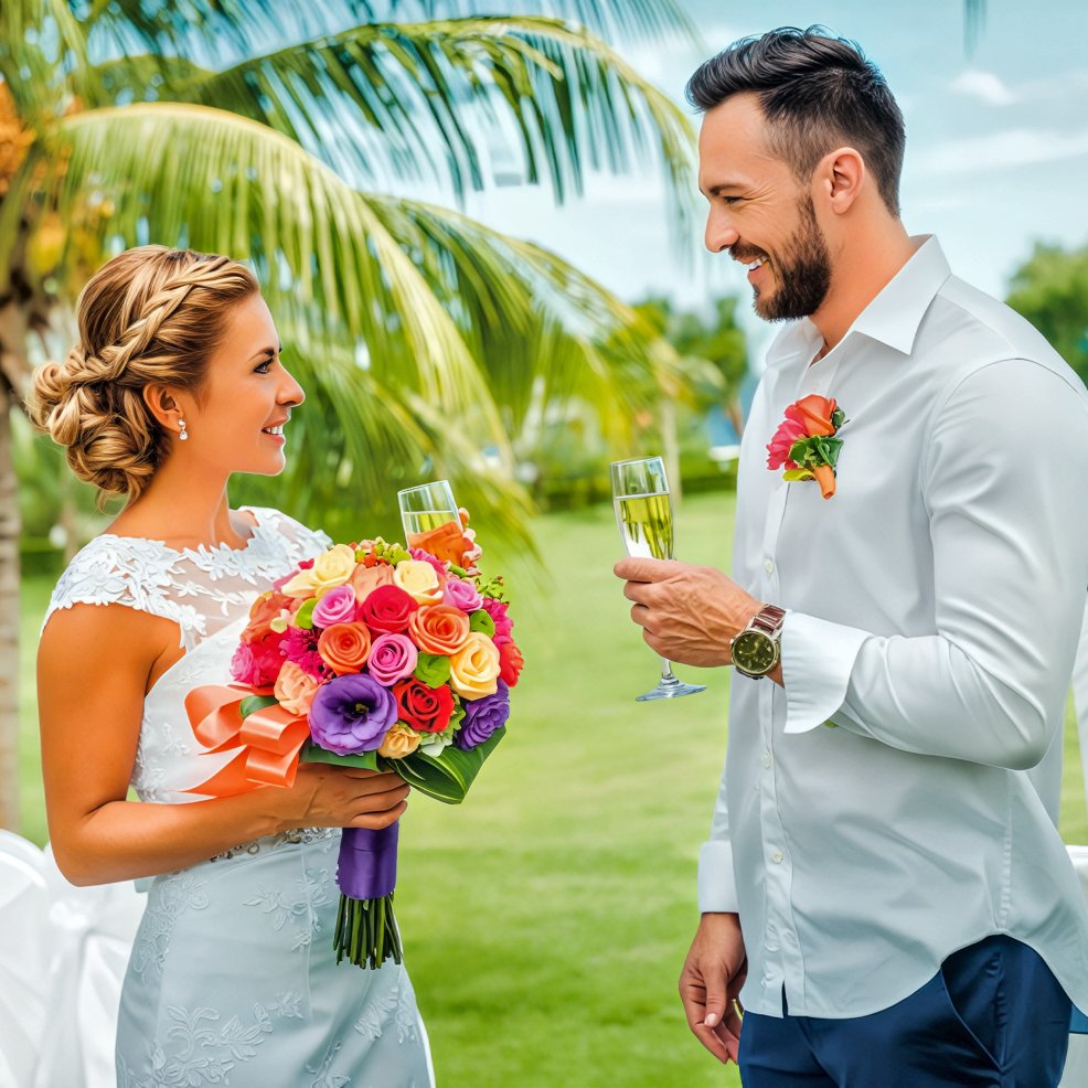 At their destination wedding, the bride and groom smile at each other outdoors, holding champagne glasses and a bouquet.