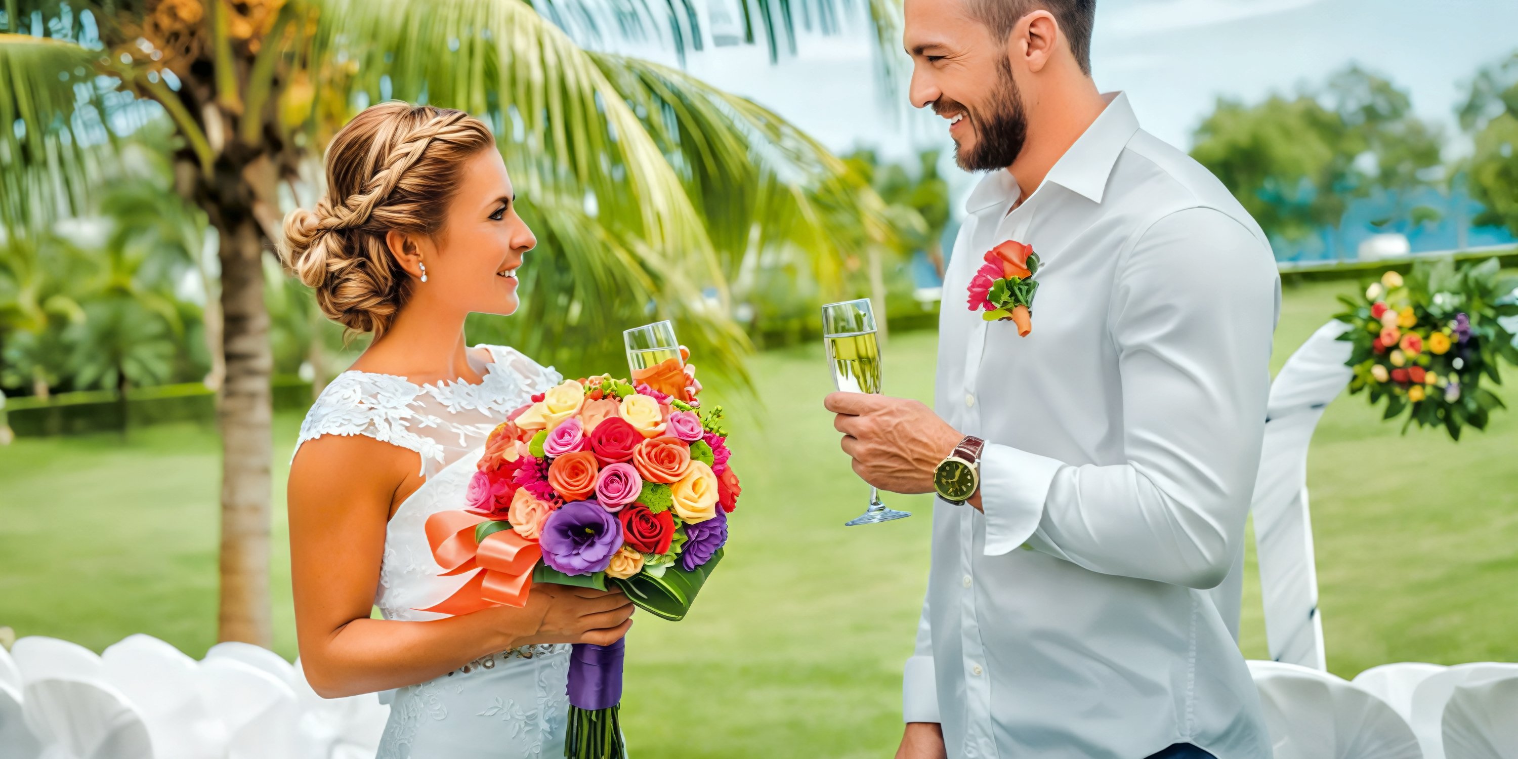The bride and groom celebrate their destination wedding at Hotel Riu Guanacaste, smiling outdoors with flowers and champagne in hand.