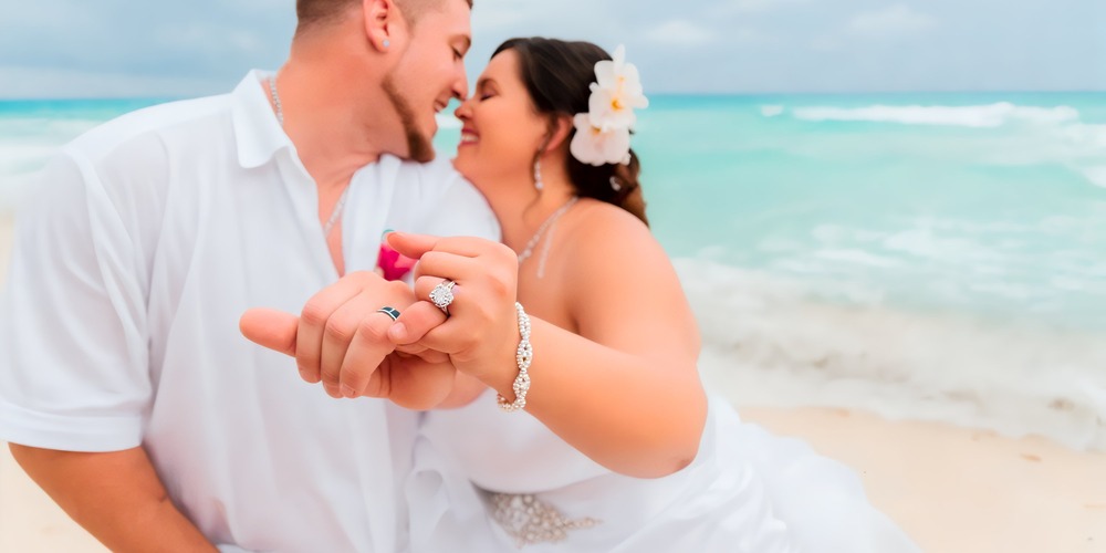 A couple, their hands adorned with wedding rings, stands hand-in-hand on the sandy shores of Beach Palace Cancun, a perfect setting for a destination wedding.