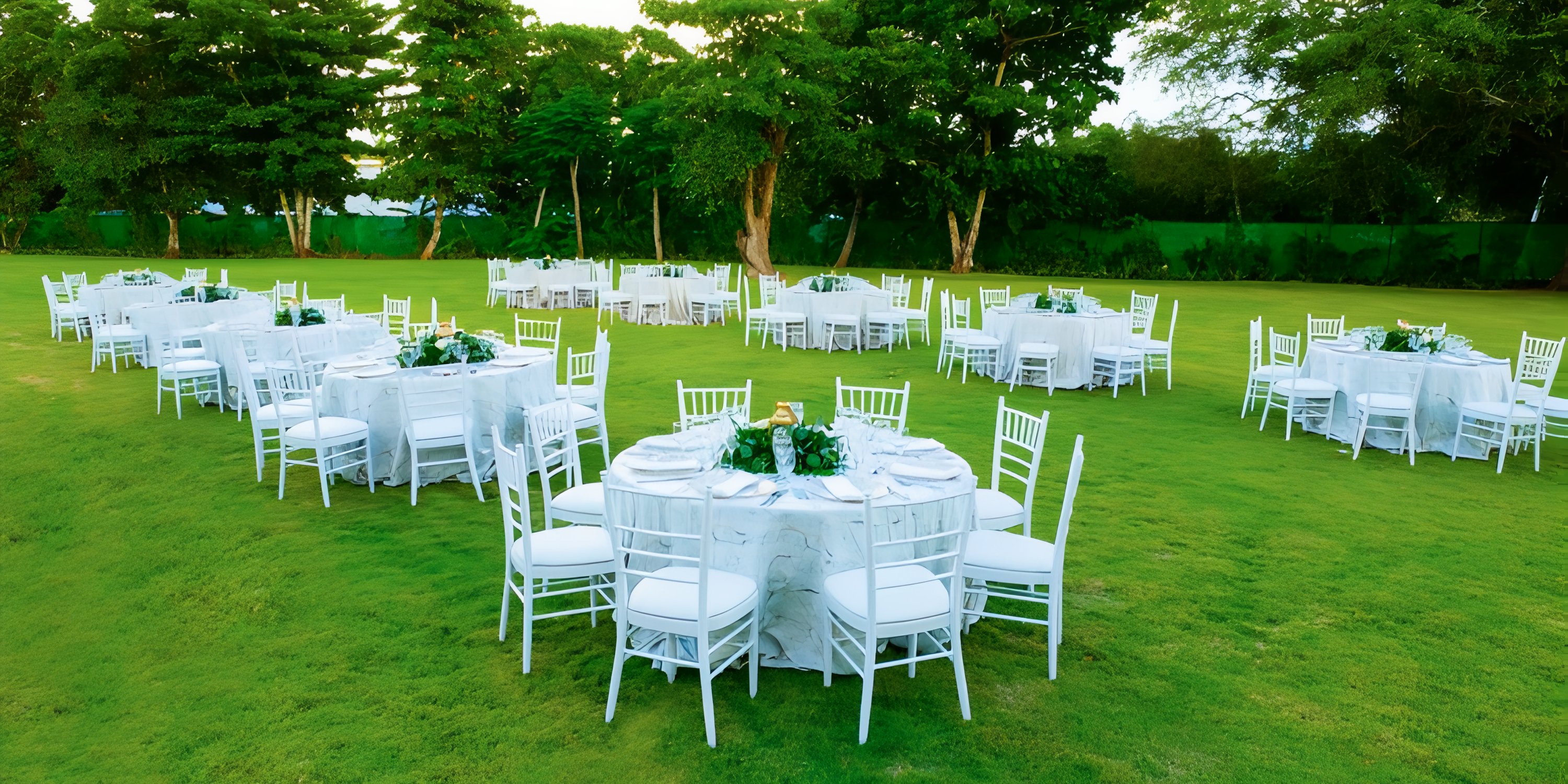 Round tables with chairs set up for a destination wedding on the lawn at Secrets La Romana, among trees.
