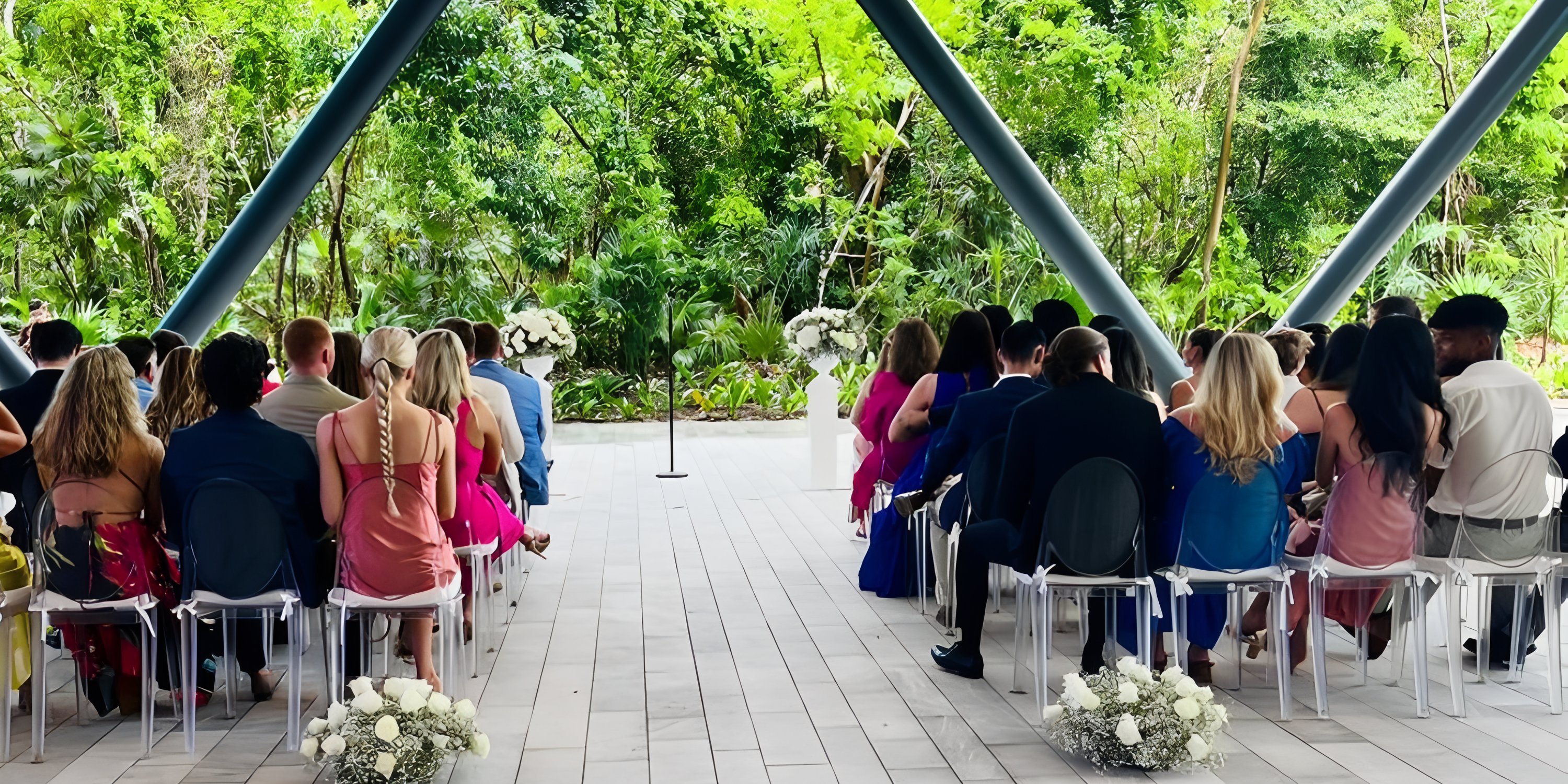 Guests attending a destination wedding at Hilton Tulum Riviera Maya Resort during a lush outdoor ceremony.