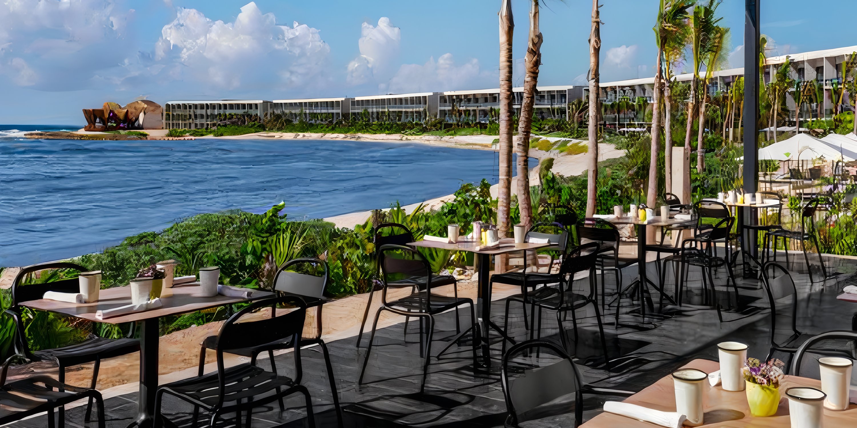 Outdoor caf&eacute; with empty tables, perfect for a destination wedding, overlooks ocean and Hilton Tulum Resort.