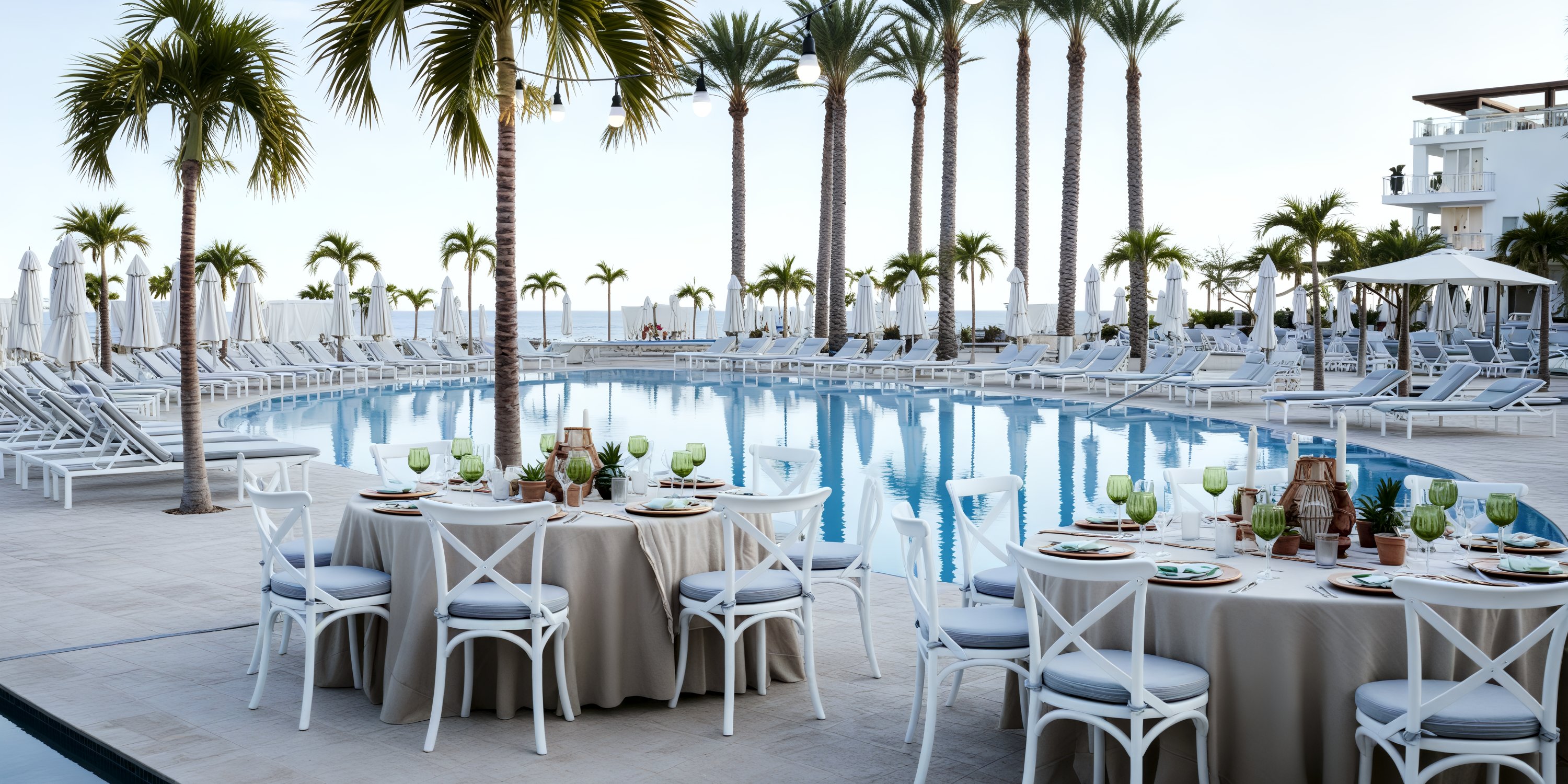 Dining tables set for a destination wedding poolside at Le Blanc Spa Resort, with lounge chairs and palms.
