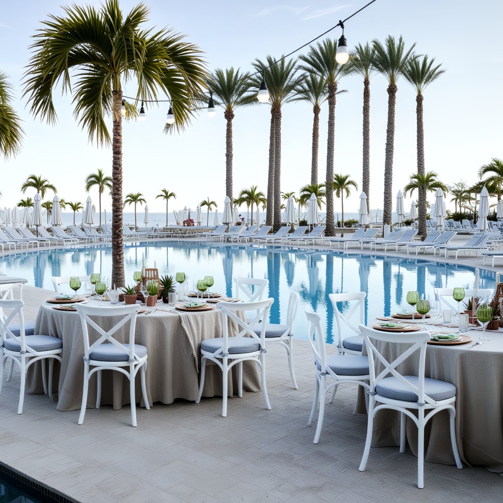 Round tables set for a destination wedding by a pool, with palm trees and white lounge chairs nearby.