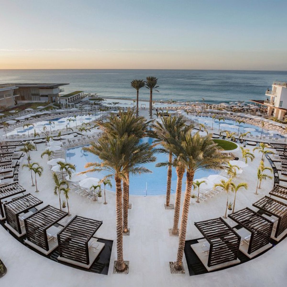 Le Blanc Spa Resort Los Cabos pool with palm trees, cabanas, and ocean view—perfect for a destination wedding.