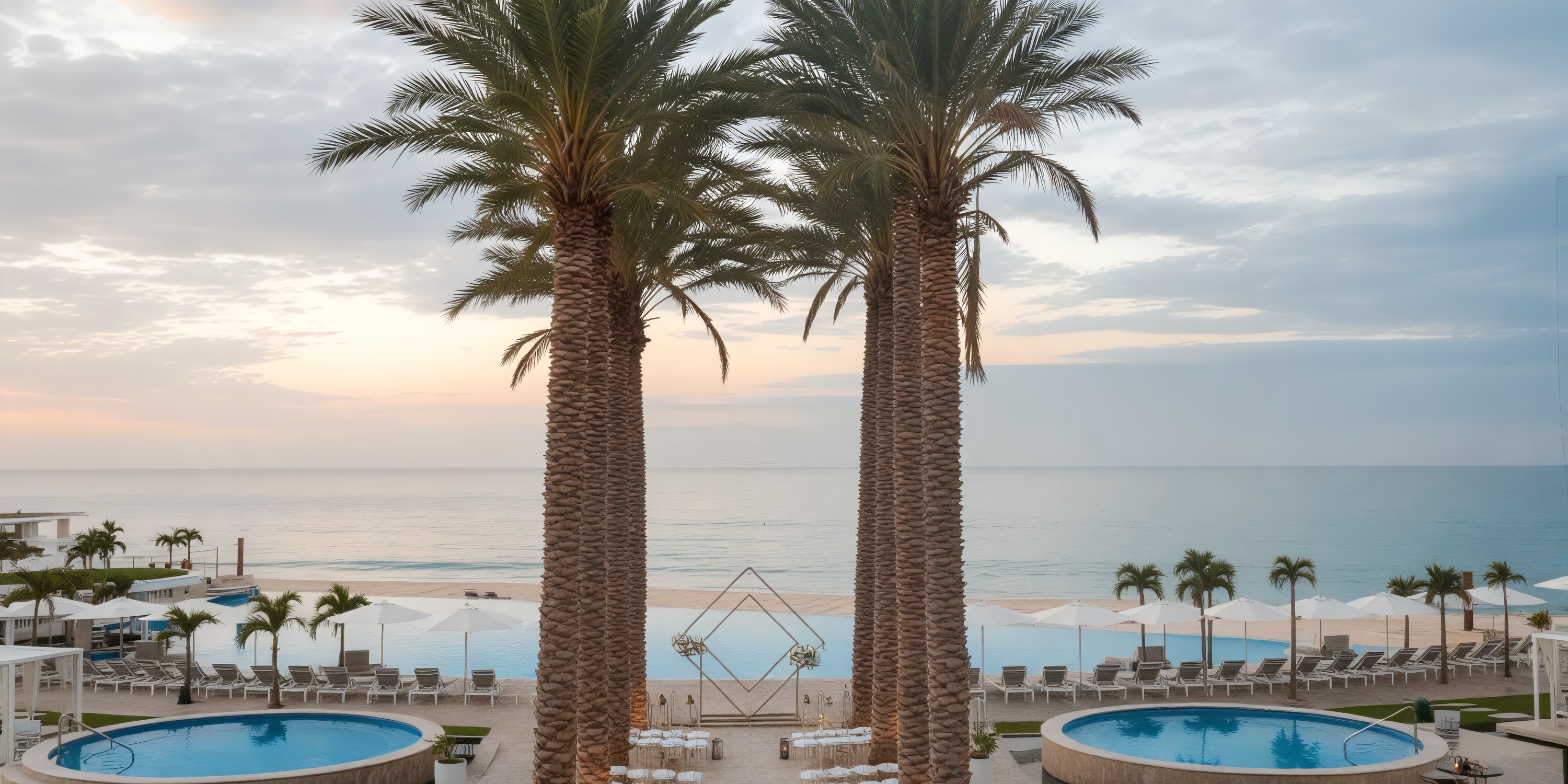 Two palms between twin pools at Le Blanc Spa Resort Los Cabos, a stunning destination wedding spot.