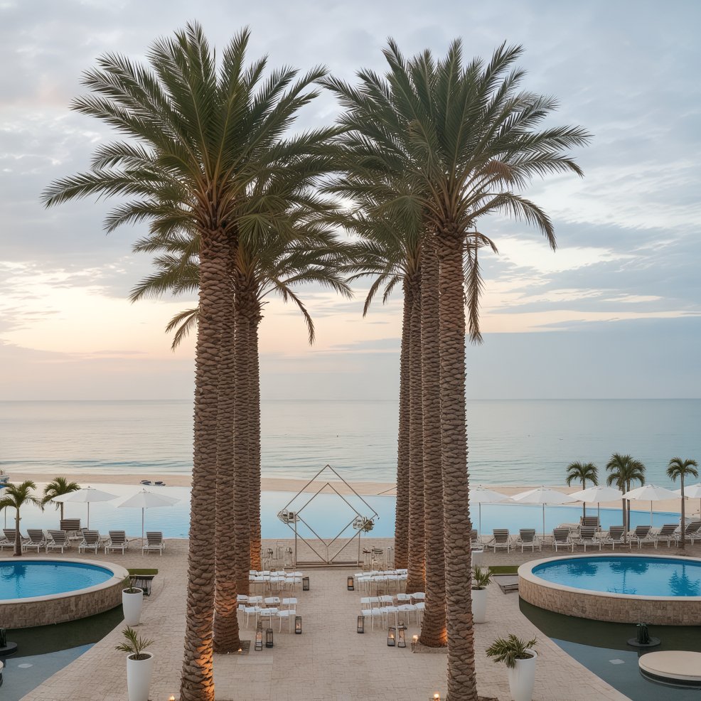 Two tall palms frame a destination wedding setup by the sea at sunset, pools and chairs arranged.