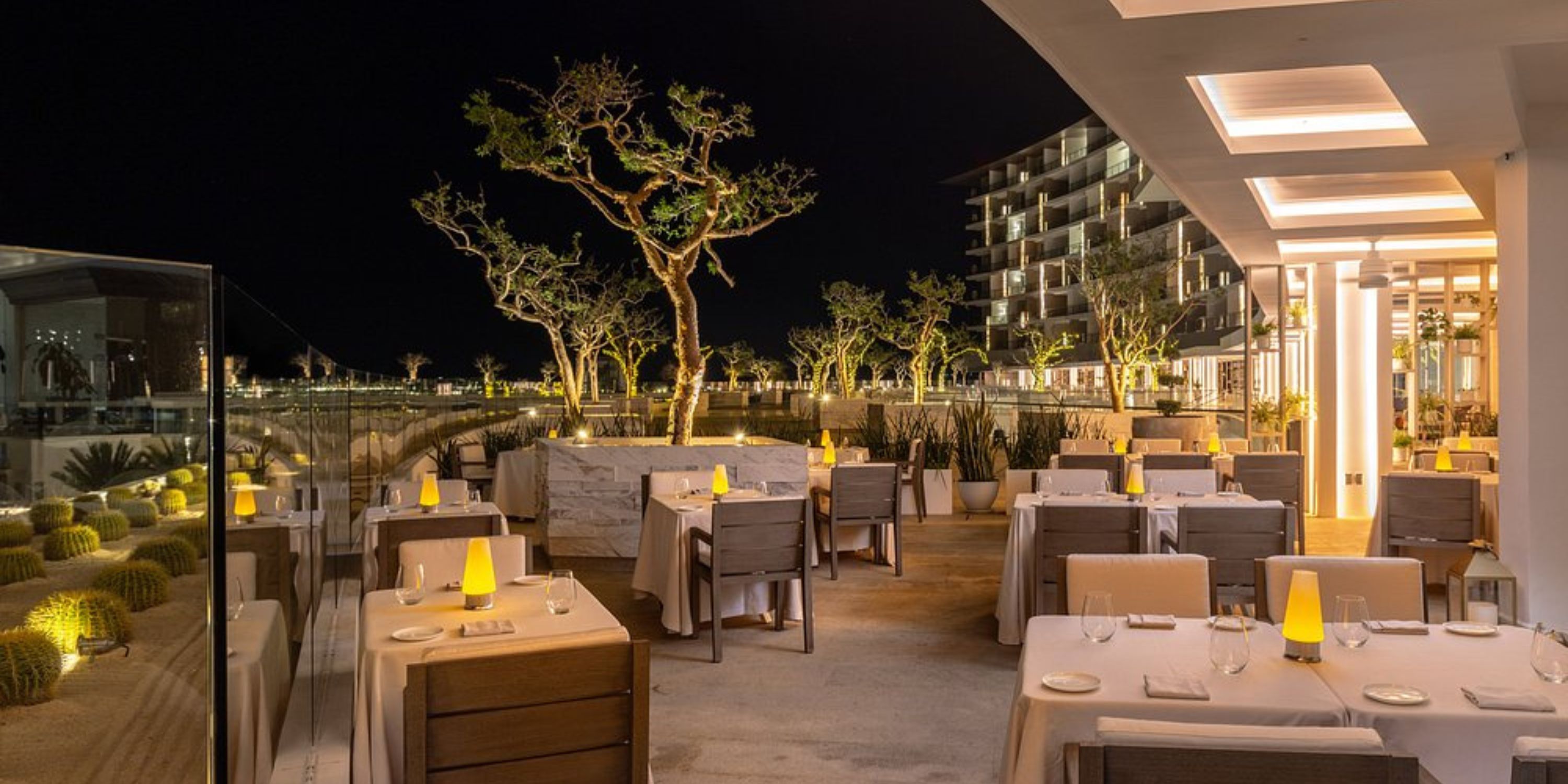 Le Blanc Spa Resort Los Cabos patio at night, ideal for a destination wedding, with lit trees and empty tables.