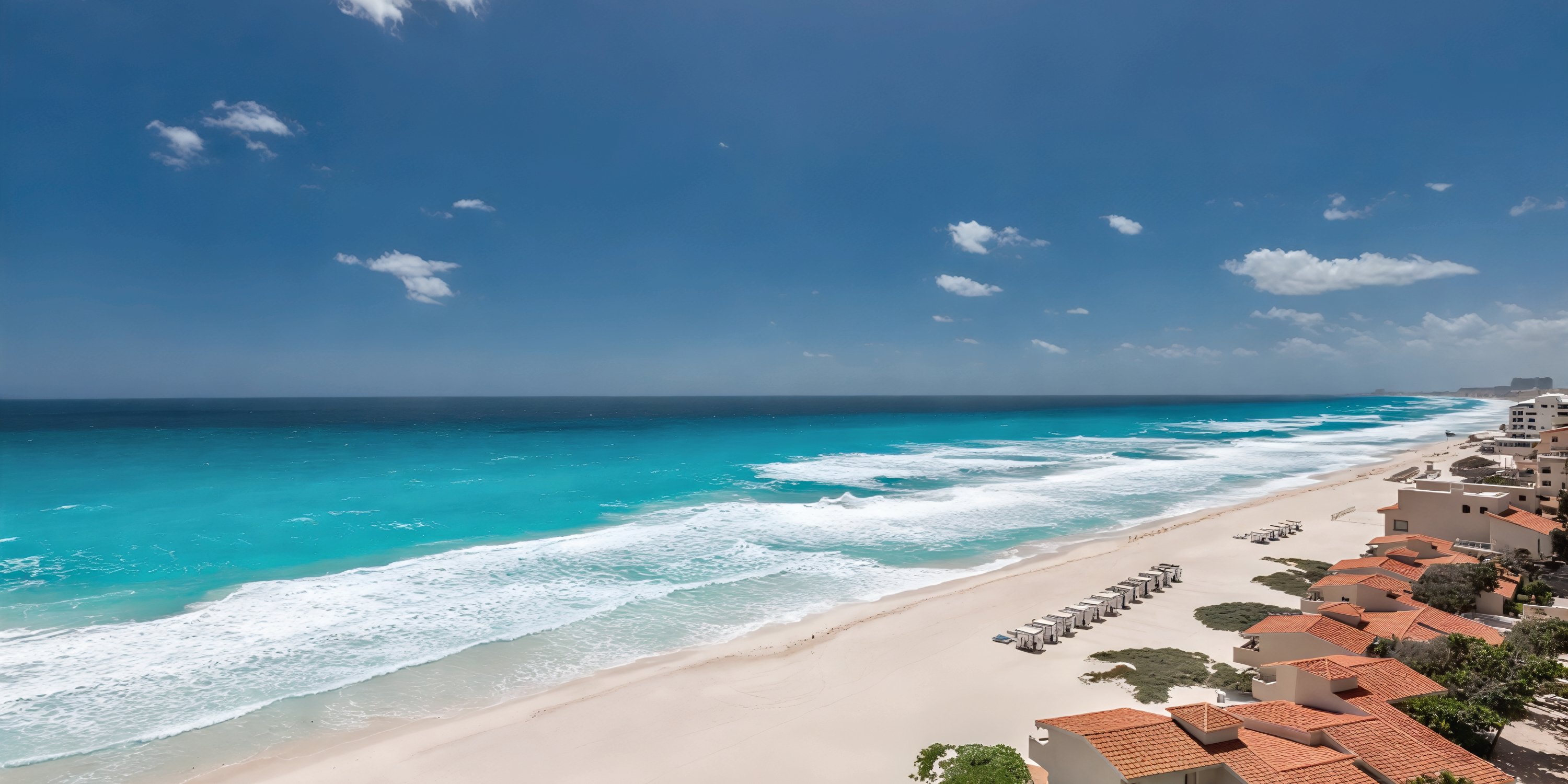 A stunning aerial view of Le Blanc Spa Resort, an all-inclusive, adults-only paradise—ideal for a destination wedding—with its pristine sandy beach, turquoise waters, and gentle waves.