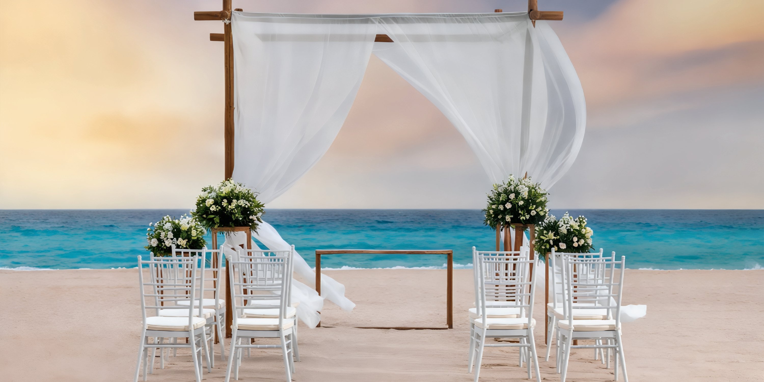 Stunning destination wedding setup at Le Blanc Spa Resort All Inclusive Adults Only, featuring elegant white chairs and a beautiful floral arch.