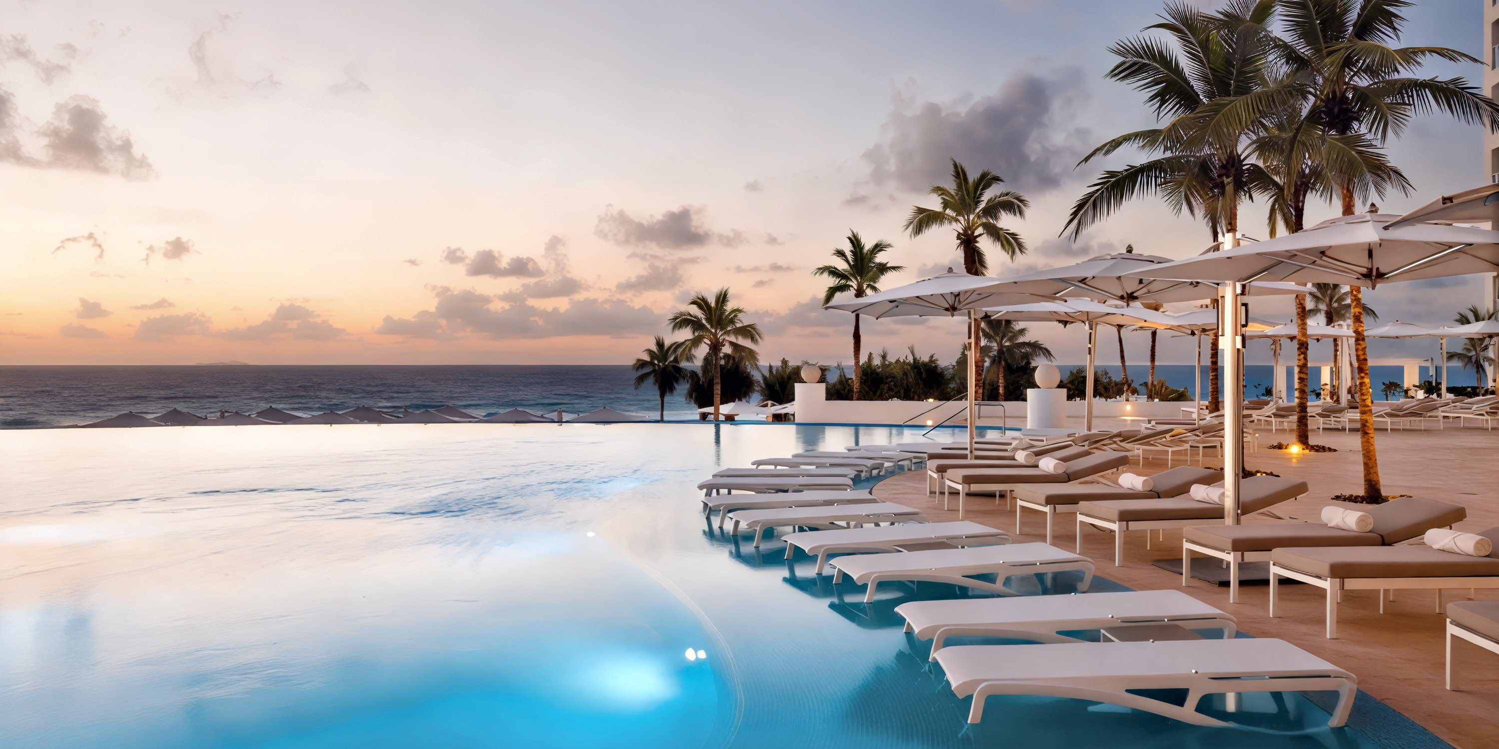 The infinity pool at Le Blanc Spa Resort, surrounded by swaying palm trees and overlooking the ocean at sunset, offers a breathtaking backdrop for a destination wedding.