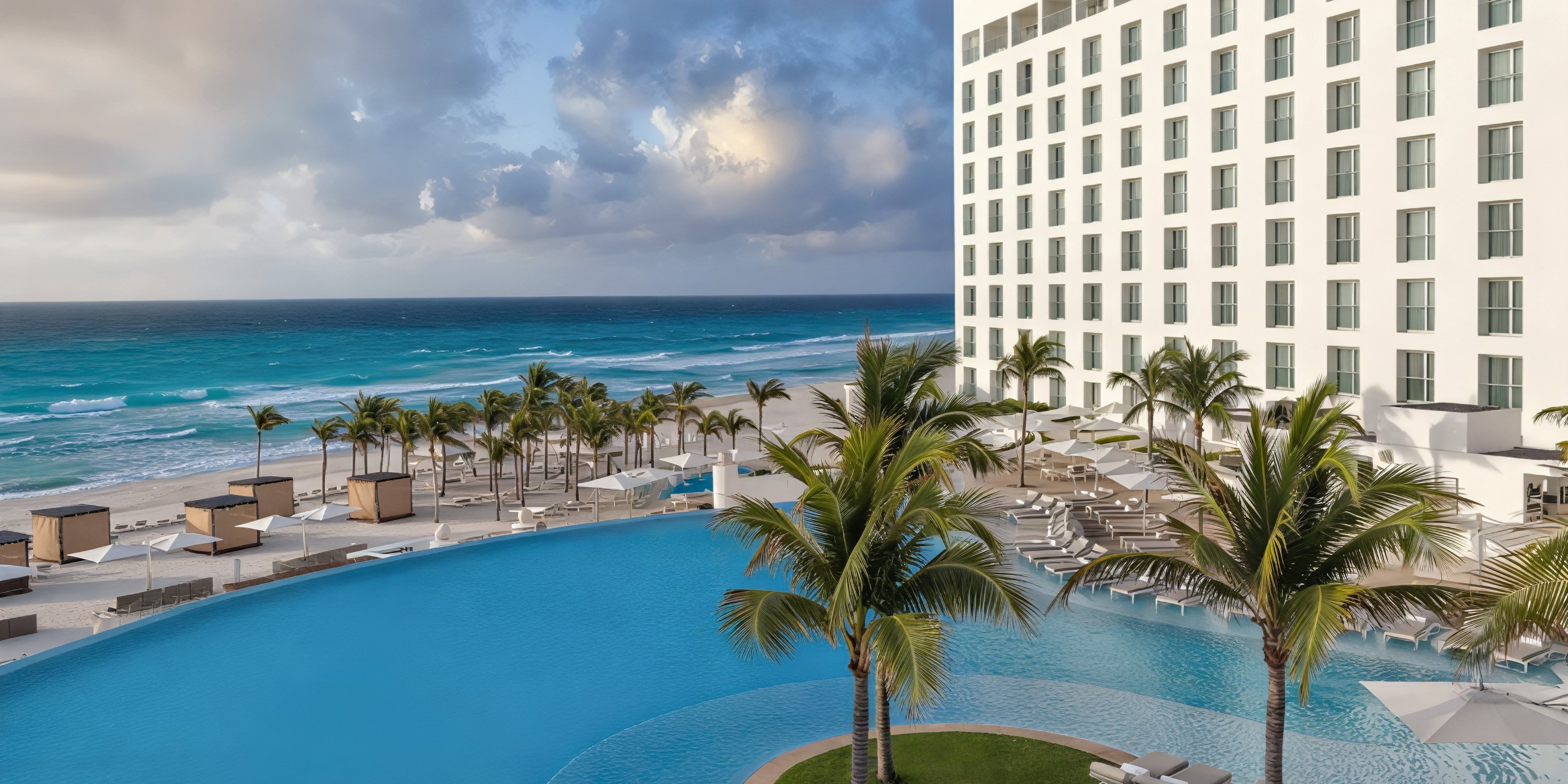 Le Blanc Spa Resort: A modern, adults-only beachfront hotel featuring a stunning pool, swaying palm trees, breathtaking ocean views—an ideal choice for a romantic destination wedding.