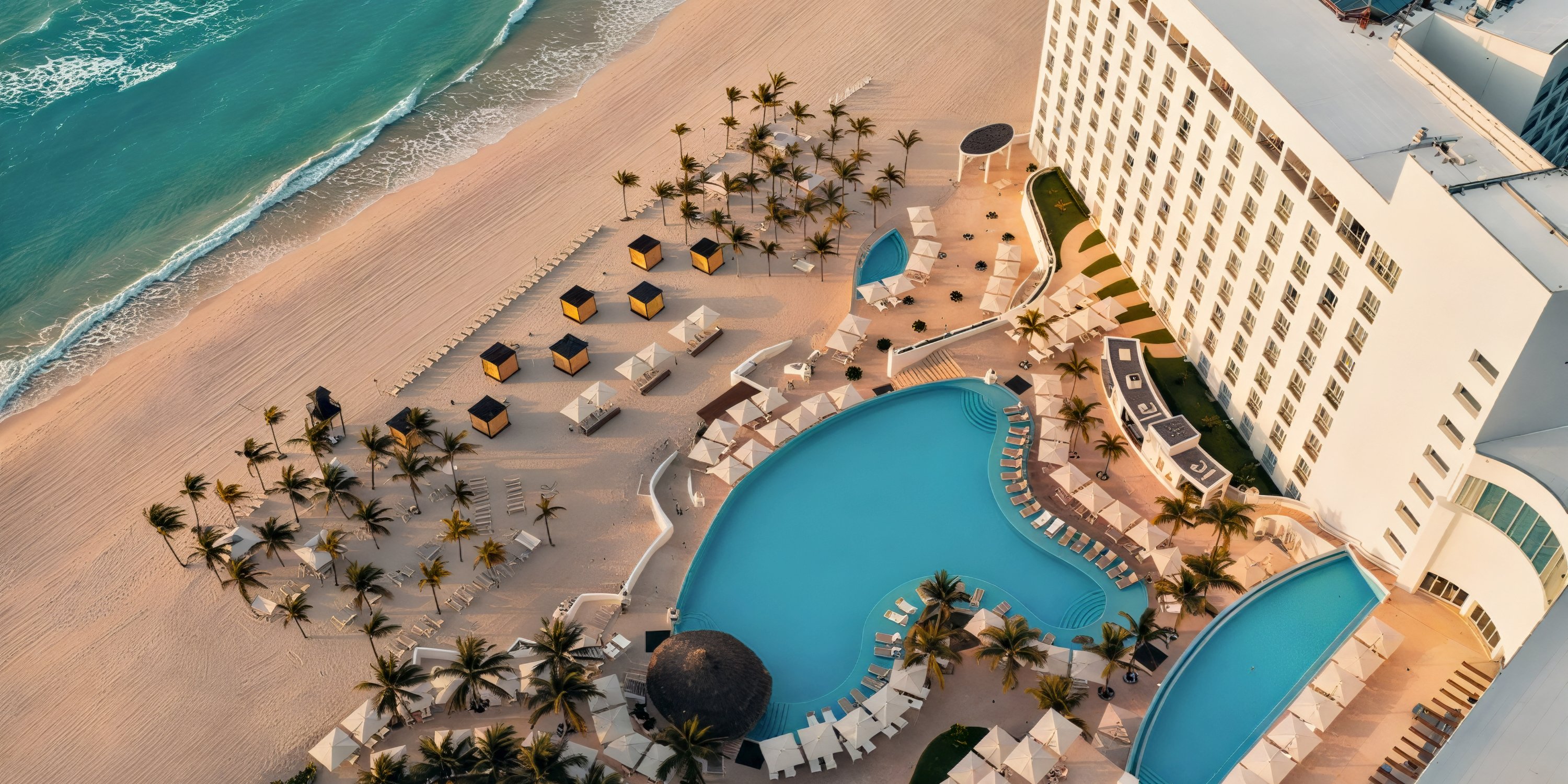 Aerial view of Le Blanc Spa Resort, an adults-only destination wedding venue, featuring a stunning pool surrounded by palm trees and elegant lounge chairs.