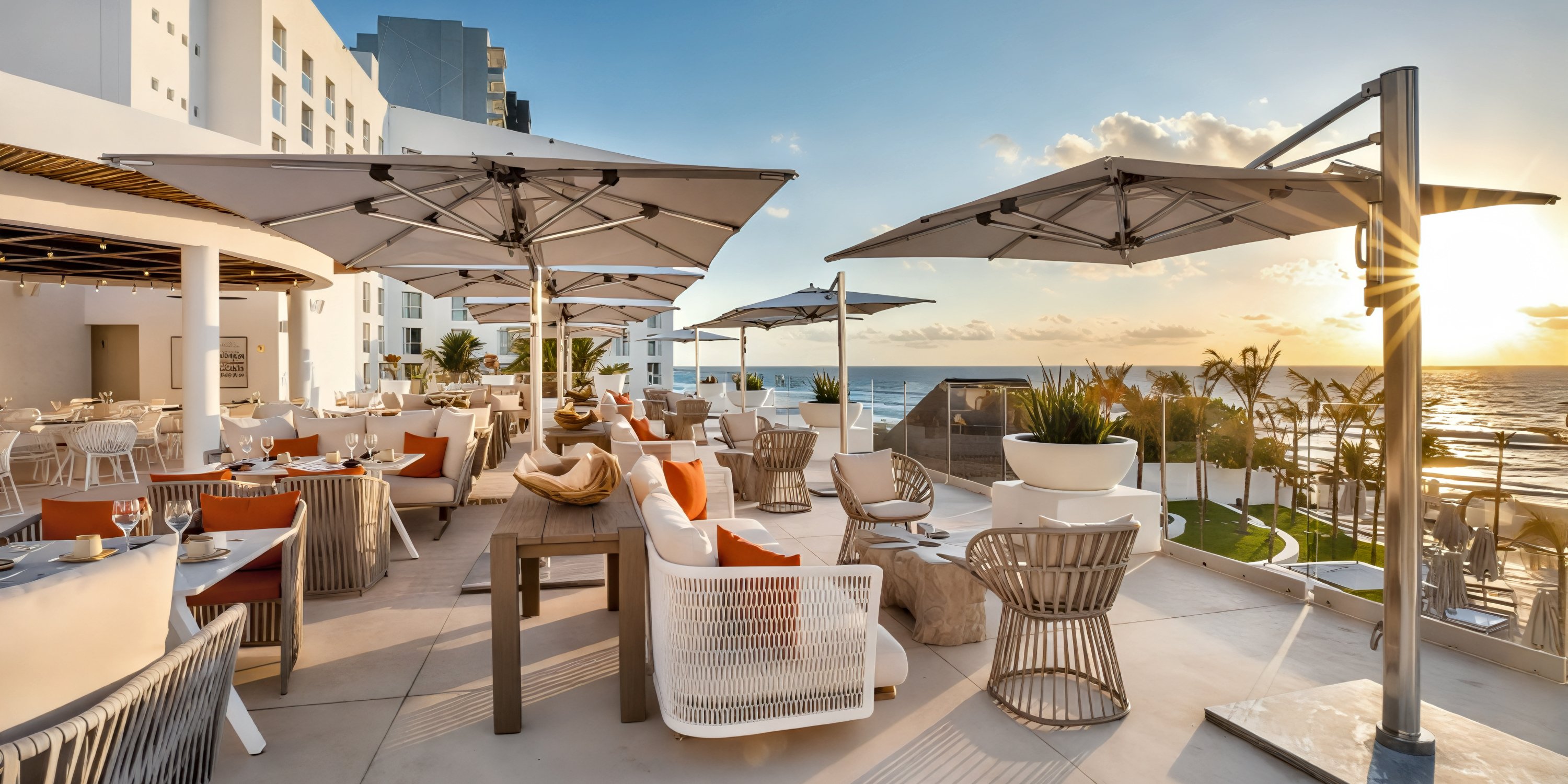 Le Blanc Spa Resort’s oceanfront patio, elegantly set with tables, chairs, and umbrellas, offers a breathtaking sunset view—an idyllic setting for a destination wedding celebration.