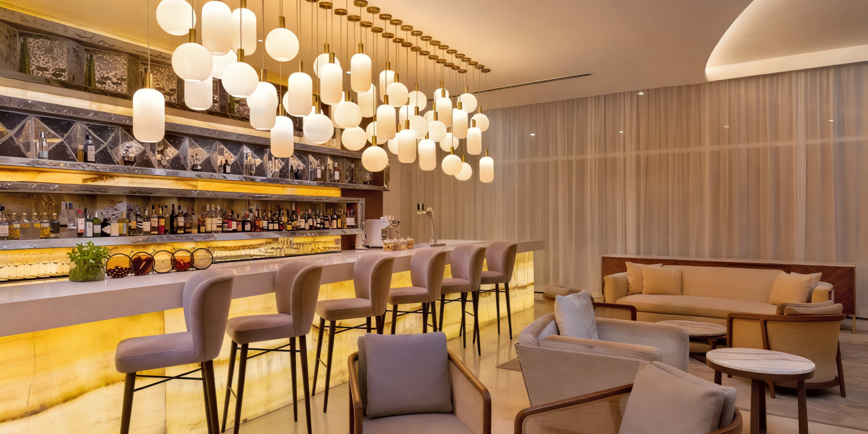 Le Blanc Spa Resort offers a stylish hotel bar with an illuminated counter and elegant lounge seating, providing the perfect setting for wedding celebrations or destination weddings.