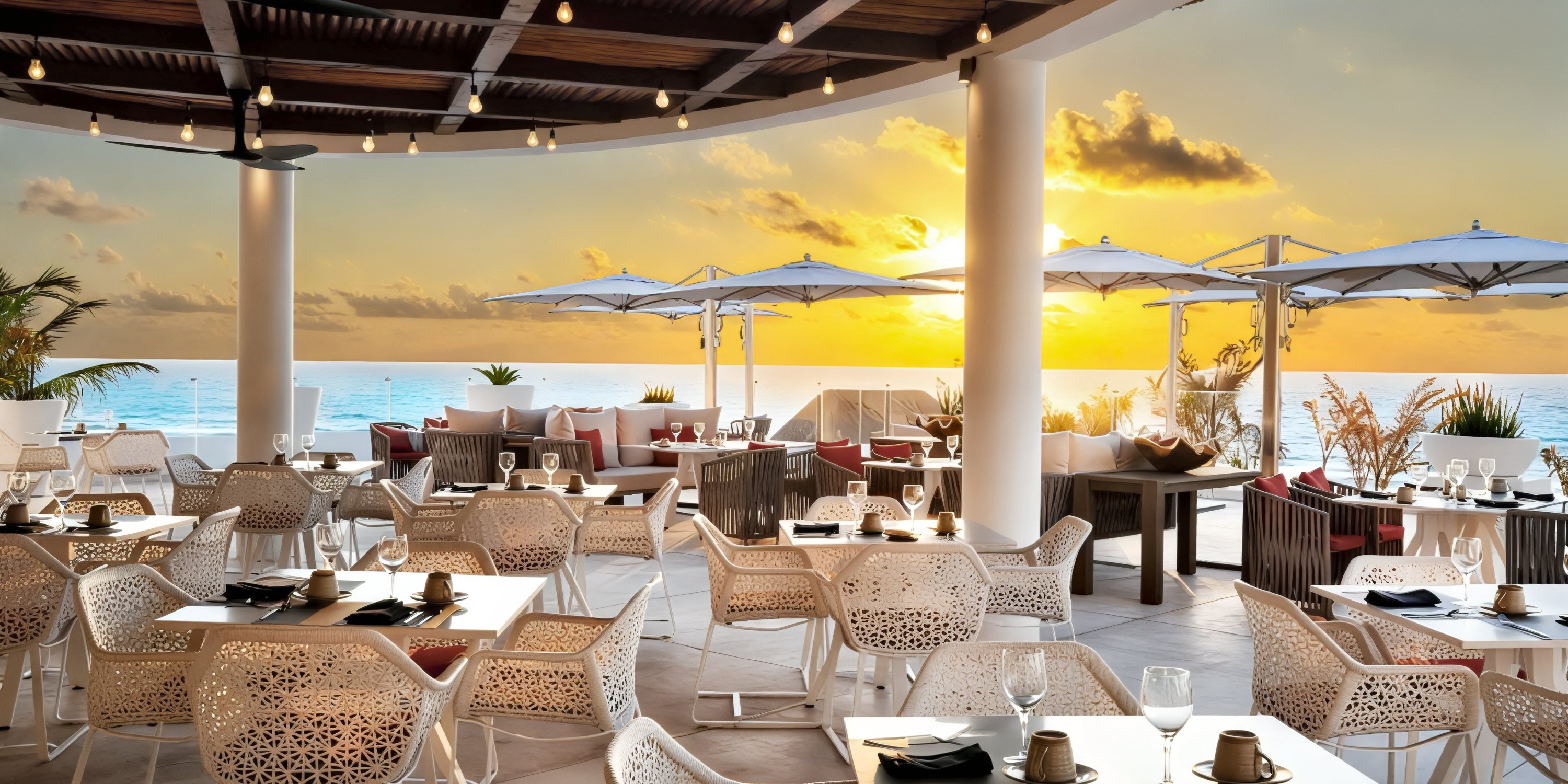 A stunning seaside restaurant at Le Blanc Spa Resort, featuring elegant white decor and breathtaking sunset ocean views—an ideal setting for an unforgettable destination wedding.