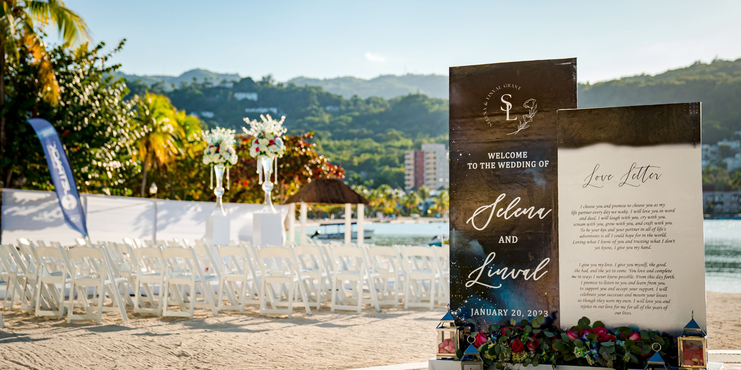 Moon Palace Jamaica sets up white chairs and wedding signs for a beautiful destination wedding on the beach.